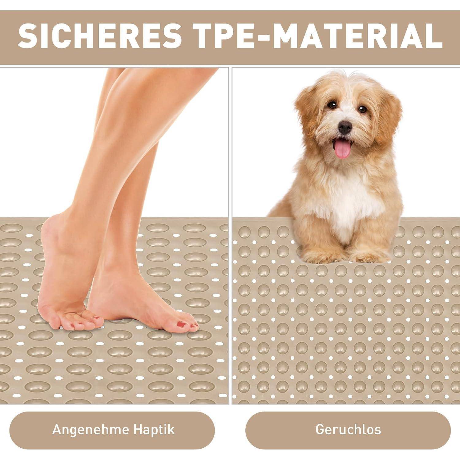 Werbung für „sicheres TPE-Material": Ein Fuß auf einer strukturierten Matte neben einem kleinen Hund, der den angenehmen Griff und das geruchslose Material hervorhebt.
