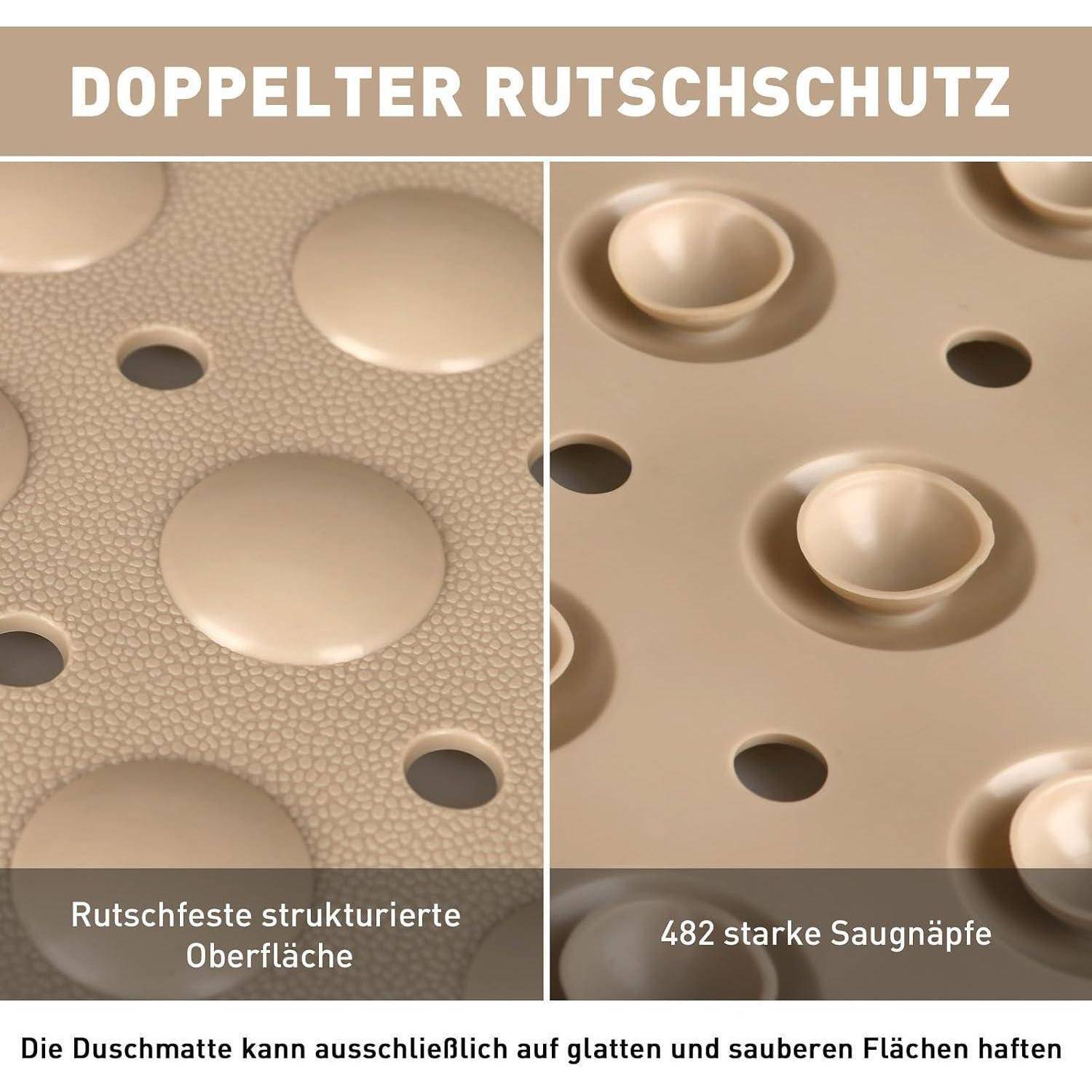 Geteiltes Bild einer Duschenmatte mit Hervorhebung von „DOPPELTER RUTSCHSCHUTZ": strukturierte rutschfeste Oberfläche und 482 starke Saugnäpfe; eine Notiz besagt, dass sie nur auf glatten, sauberen Oberflächen haftet.
