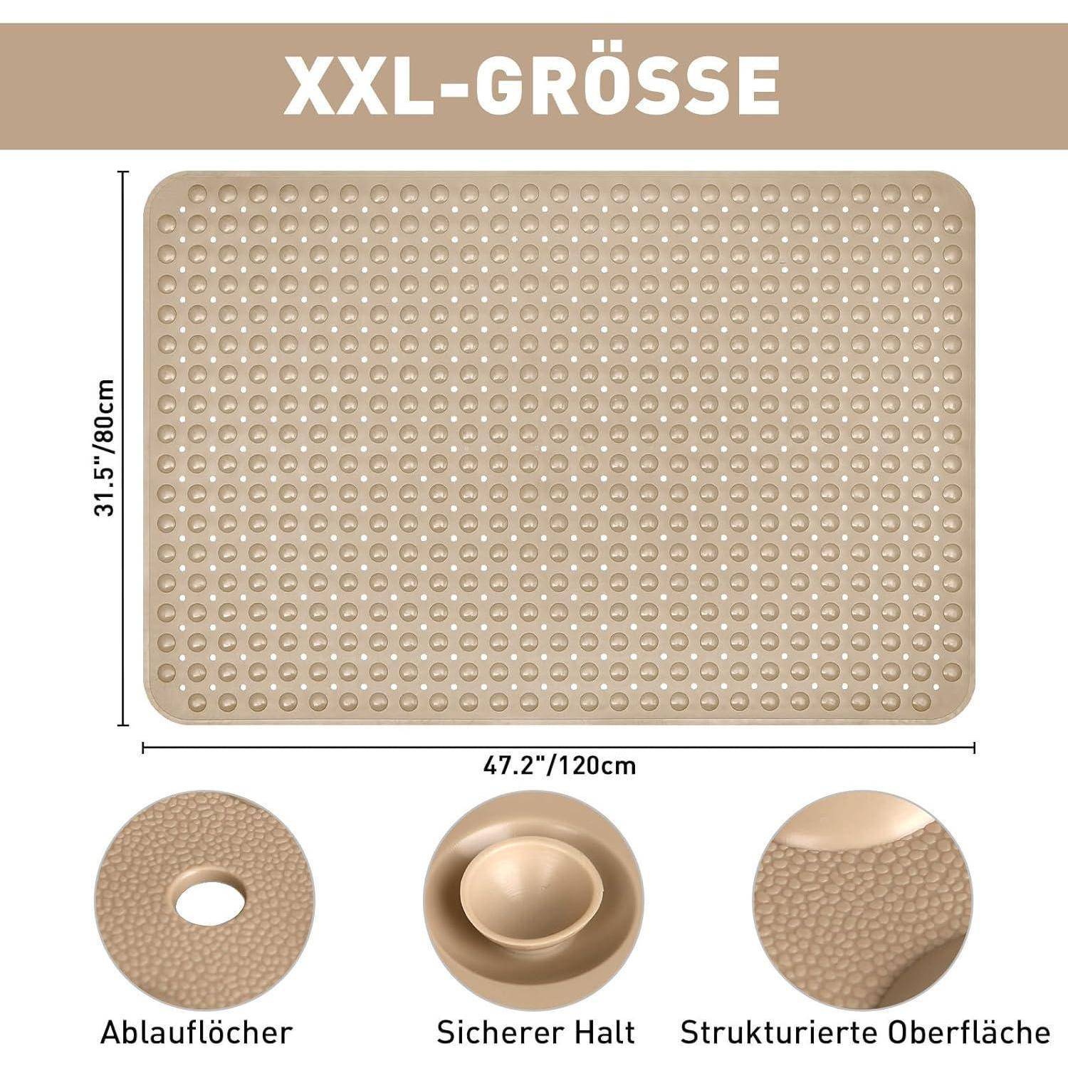 Infografik einer beigefarbenen XXL-Badmatte, 47,2 x 31,5 Zoll (120 x 80 cm), mit Ablöchern, starkem Grip und strukturierter Oberfläche.