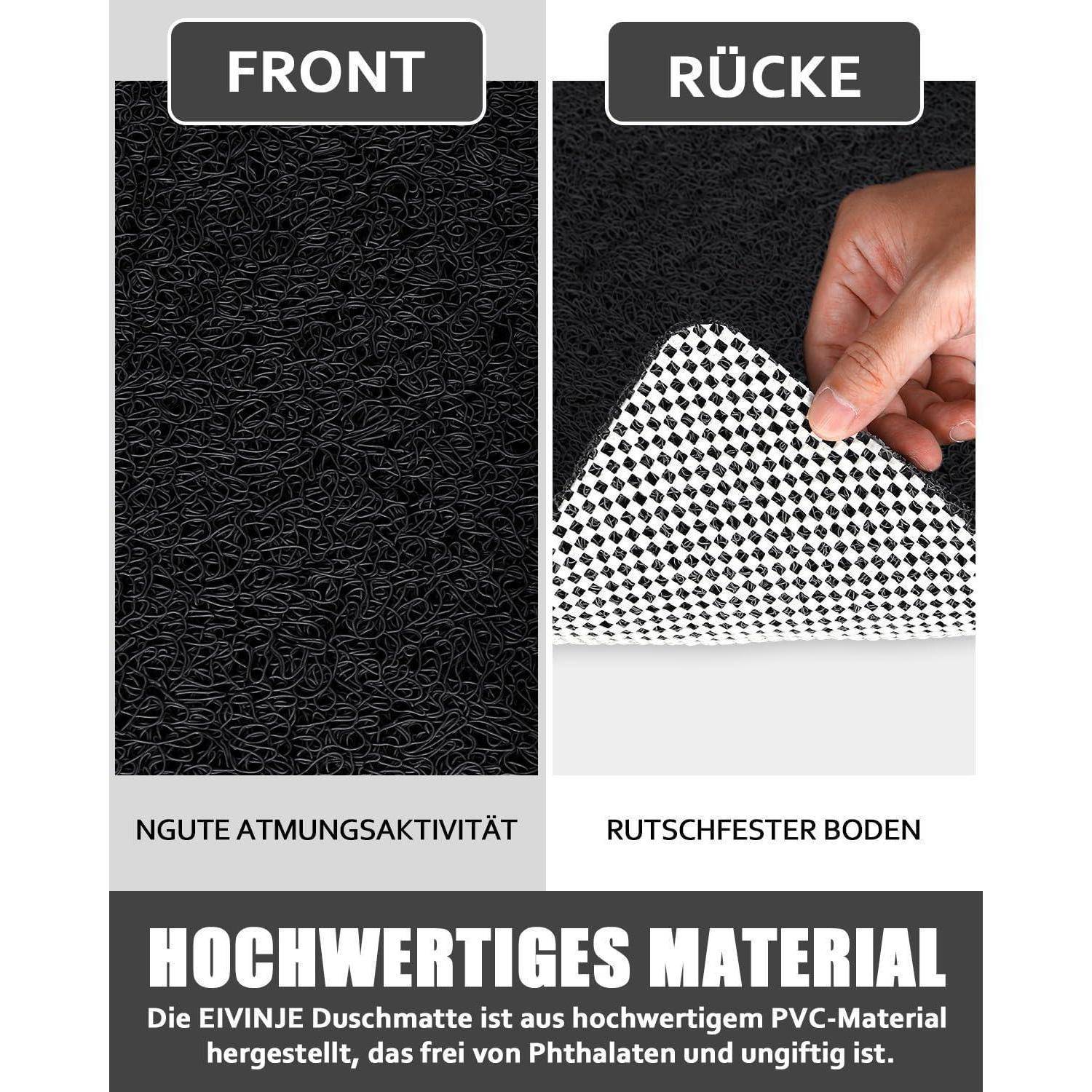 Produktmatte von vorne und hinten gezeigt: schwarze strukturierte Oberfläche mit rutschfester Unterseite; Text besagt hochwertiges PVC, phthalatefrei und ungiftig.