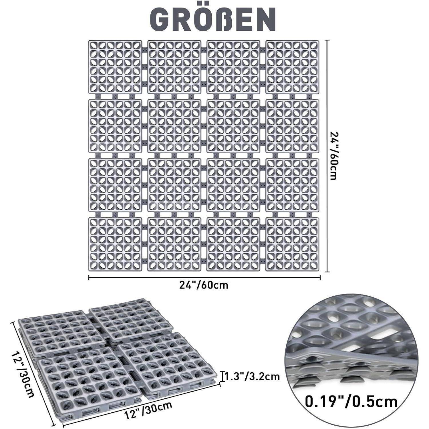 Diagramm mit grünen modularen Fliesen, die in einem 4-x-4-Quadrat angeordnet sind; jede Fliese ist 12 x 12 Zoll groß, Gesamtgröße 24 x 24 Zoll, 1,3 Zoll dick, mit 0,19 Zoll Details.