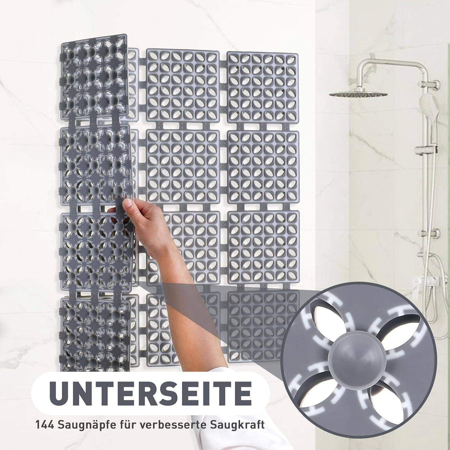 Hand hält eine Dusch-Saugmatte-Fliese; Inset zeigt Saugnäpfe. Text liest sich „UNTERSEITE