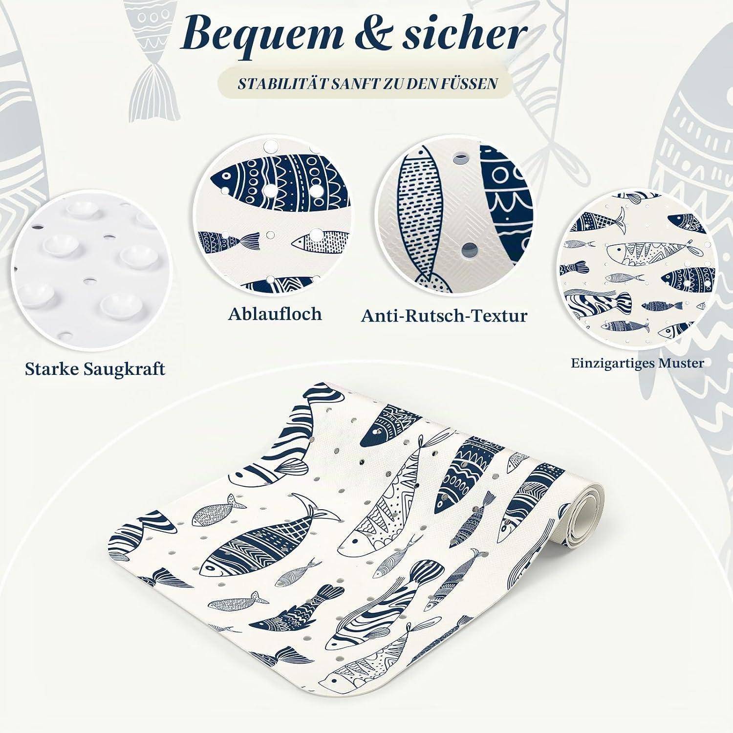 Badematte mit Fischmuster, rutschfest, mit starken Saugnapfeln, Ablassloch und strukturierter Oberfläche für Sicherheit und sicheren Halt in der Badewanne.