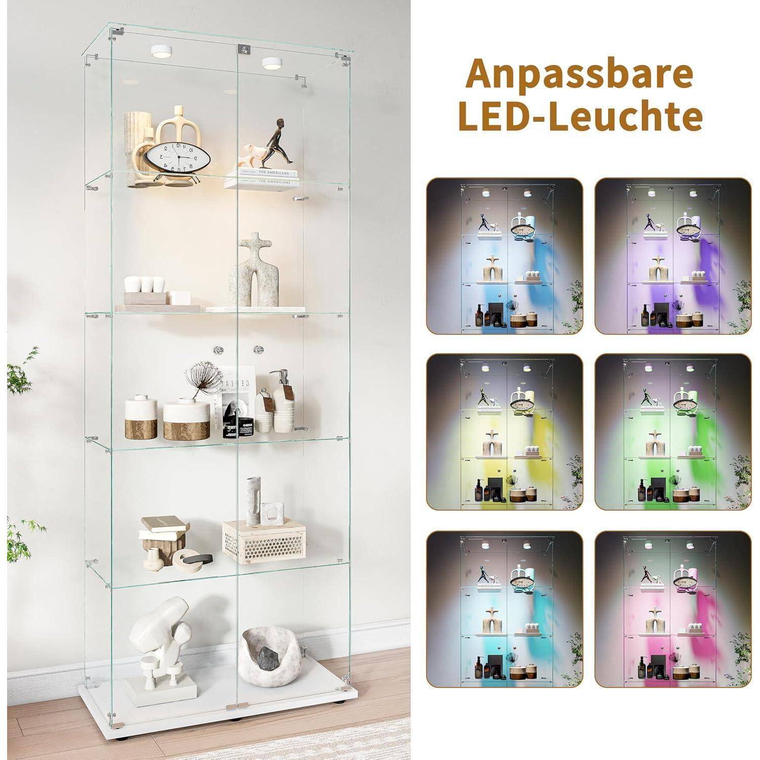Glasvitrine mit verstellbarer LED-Beleuchtung in mehreren Farben dargestellt, mit Regalen mit Dekorationsobjekten; Text lautet „Anpassbare LED-Leuchte