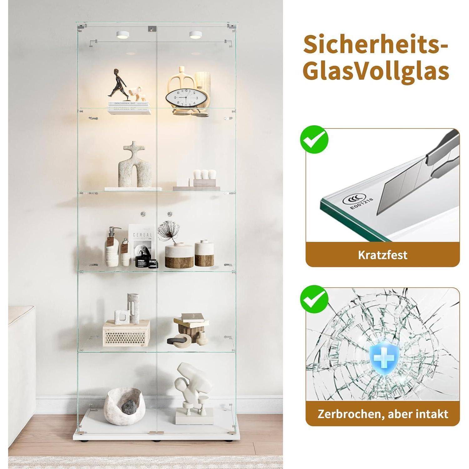 Produktanzeige des Sicherheits-GlasVollglas-Schranks mit kratzerbeständigen und bruchsicheren Glaseigenschaften mit Häkchen-Symbolen und Illustration von gebrochenem Glas.