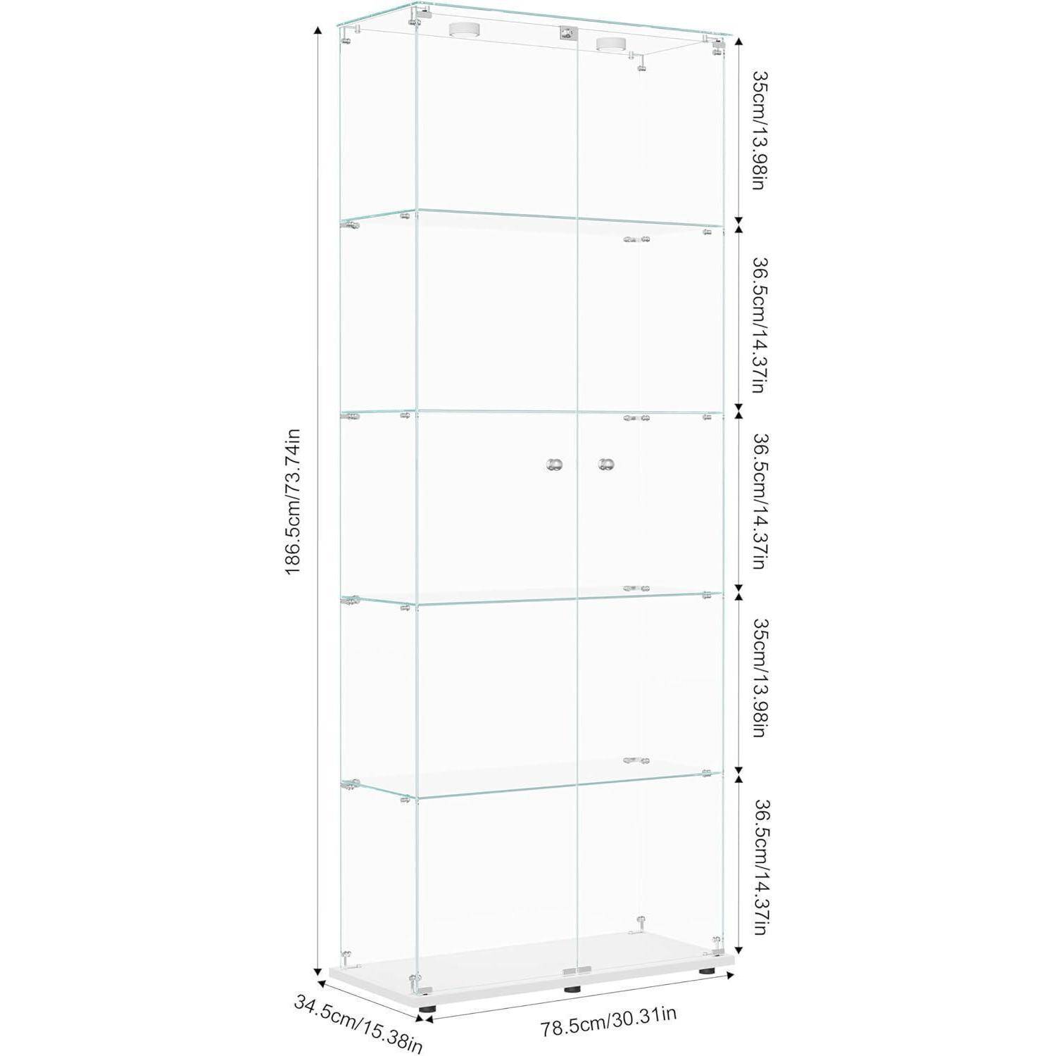 Hohes Glassvitrinen­schrank mit fünf Regalen und Doppeltüren; Abmessungen mit 186,5 cm Höhe, 78,5 cm Breite, 34,5 cm Tiefe gekennzeichnet.