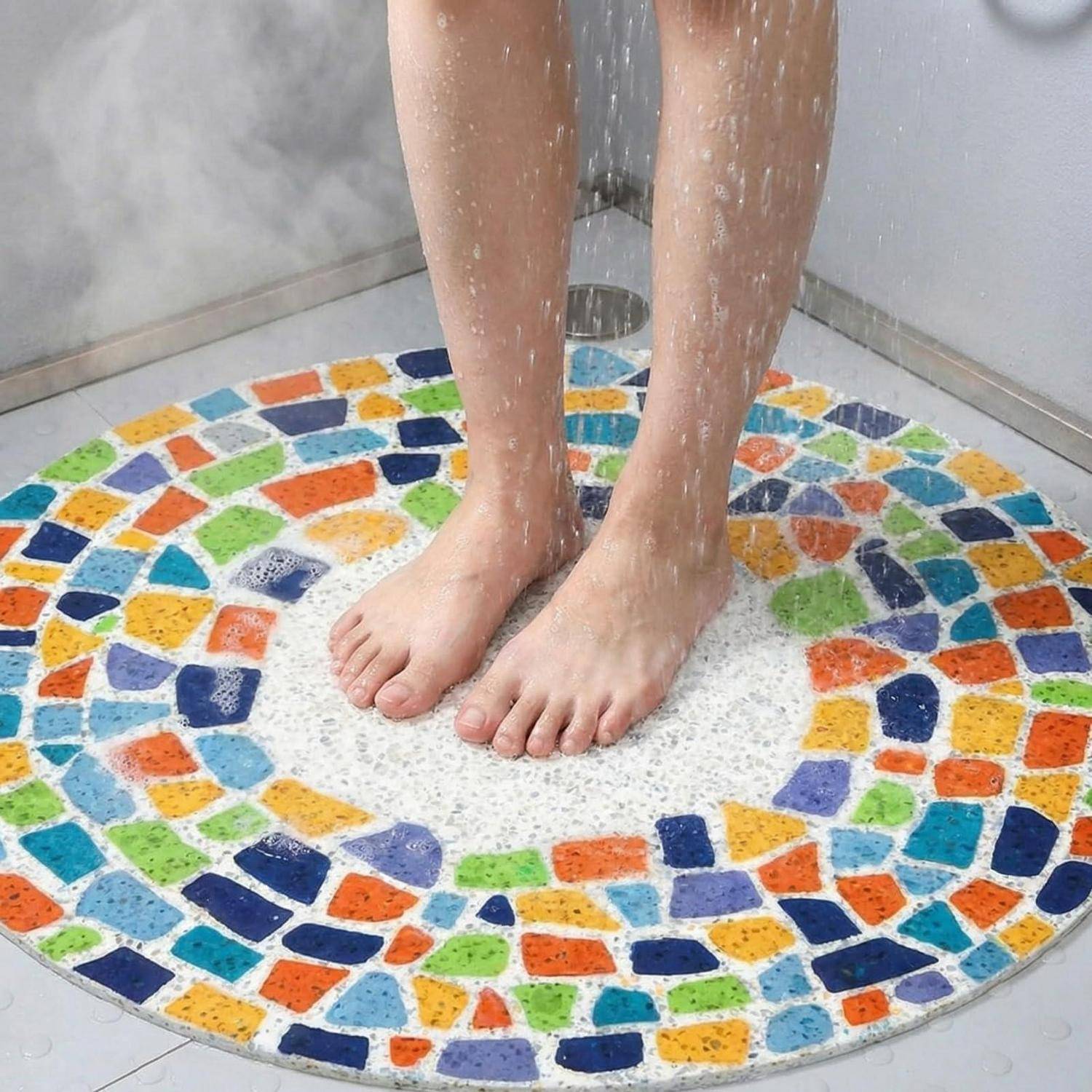 Barfüße, die in einer Dusche auf einem farbenfrohen Mosaikboden stehen, während Wasser herabspritzt.