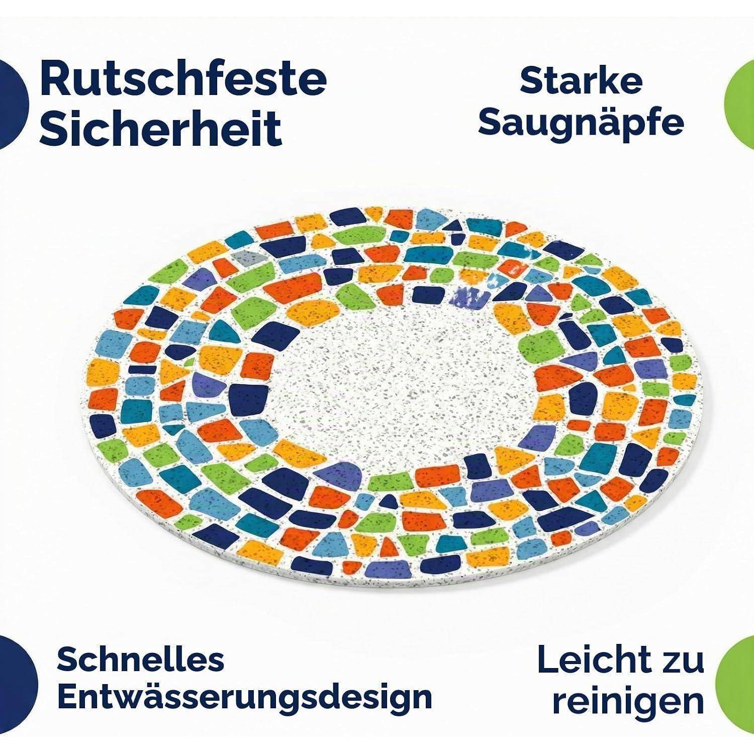 Rundes Mosaik-Badezimmermatte mit deutschen Beschriftungen: 'Rutschfeste Sicherheit', 'Starke Saugnäpfe', 'Schnelles Entwässerungsdesign', 'Leicht zu reinigen'.