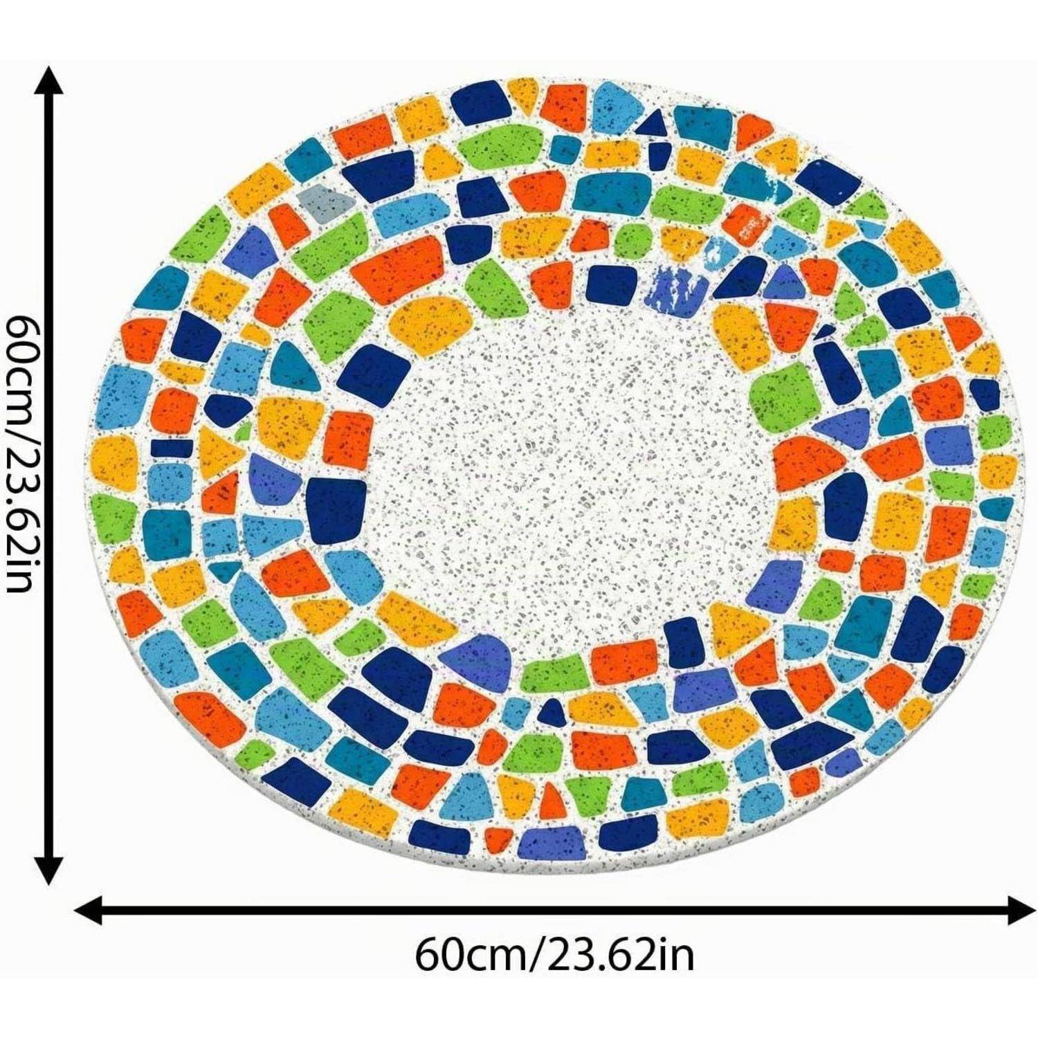 Rundes, mehrfarbiges, im Mosaikstil gestaltetes Teppich oder Matte, 60 cm (23,62 Zoll) im Durchmesser, mit weißer Mitte und farbenfrohem, fliesen-ähnlichen Muster am Rand.