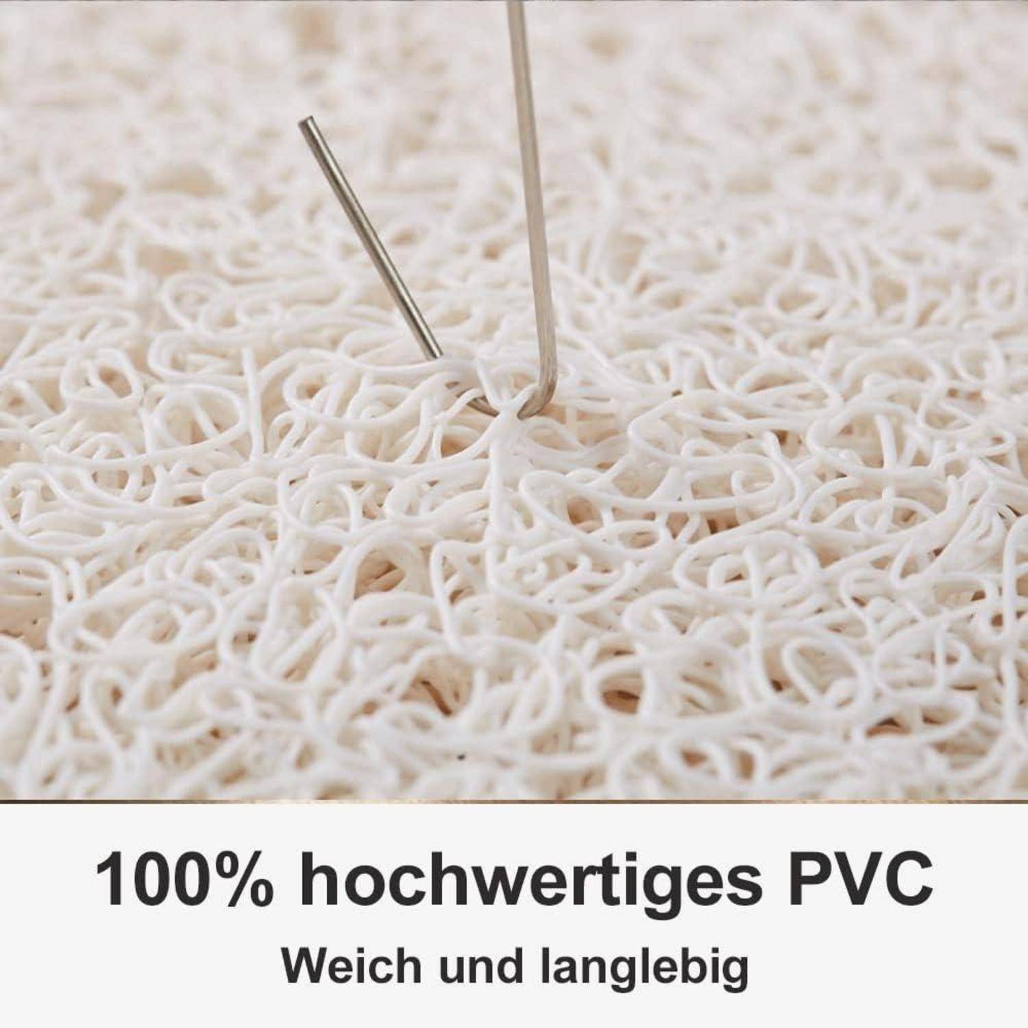Nahaufnahme einer strukturierten weißen PVC-Matte, die mit Nadeln getestet wird, mit deutschem Text, der „100% hochwertiges PVC
