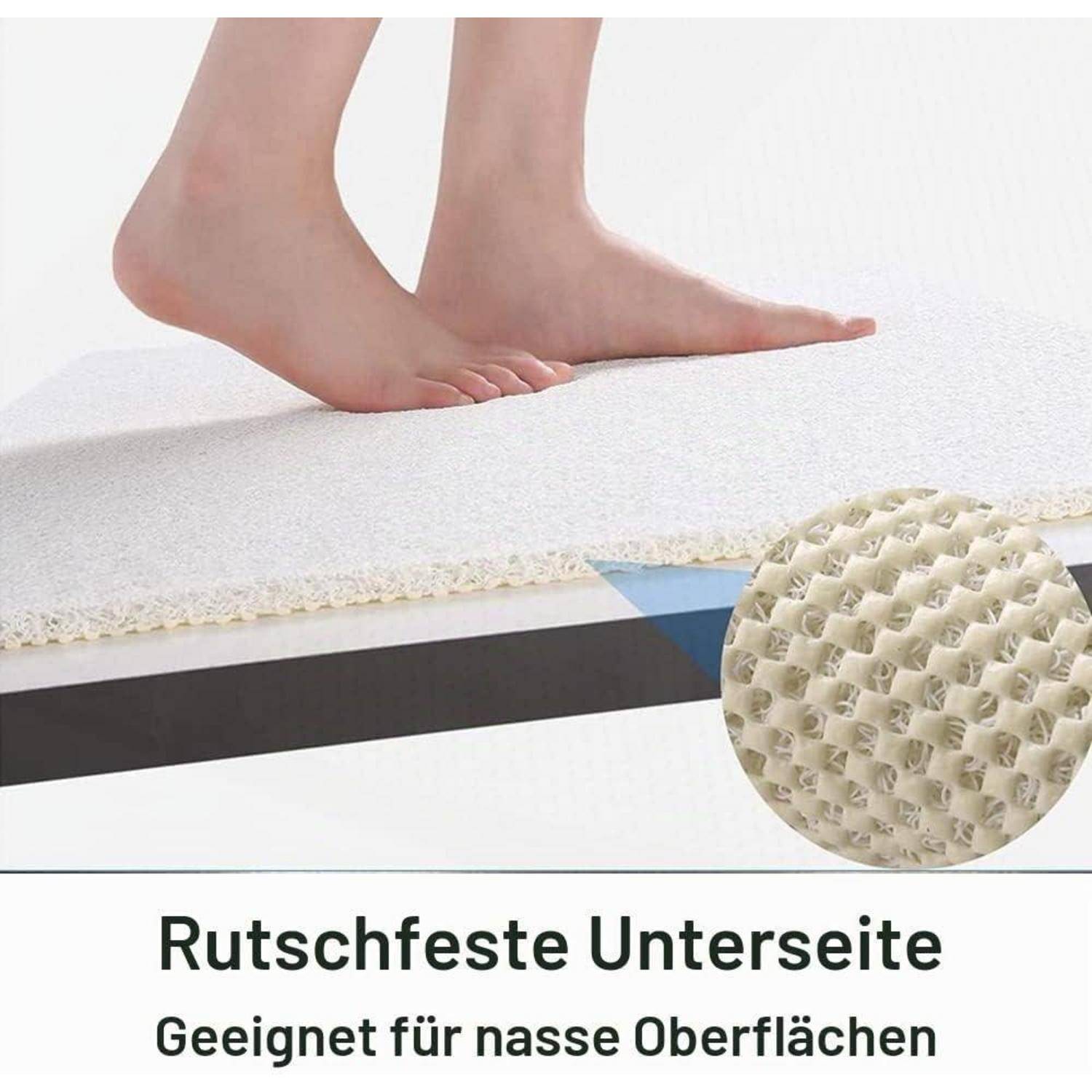 Barfüße auf einer Badmatte mit einer Nahaufnahme der rutschfesten Unterseite; deutscher Text sagt 