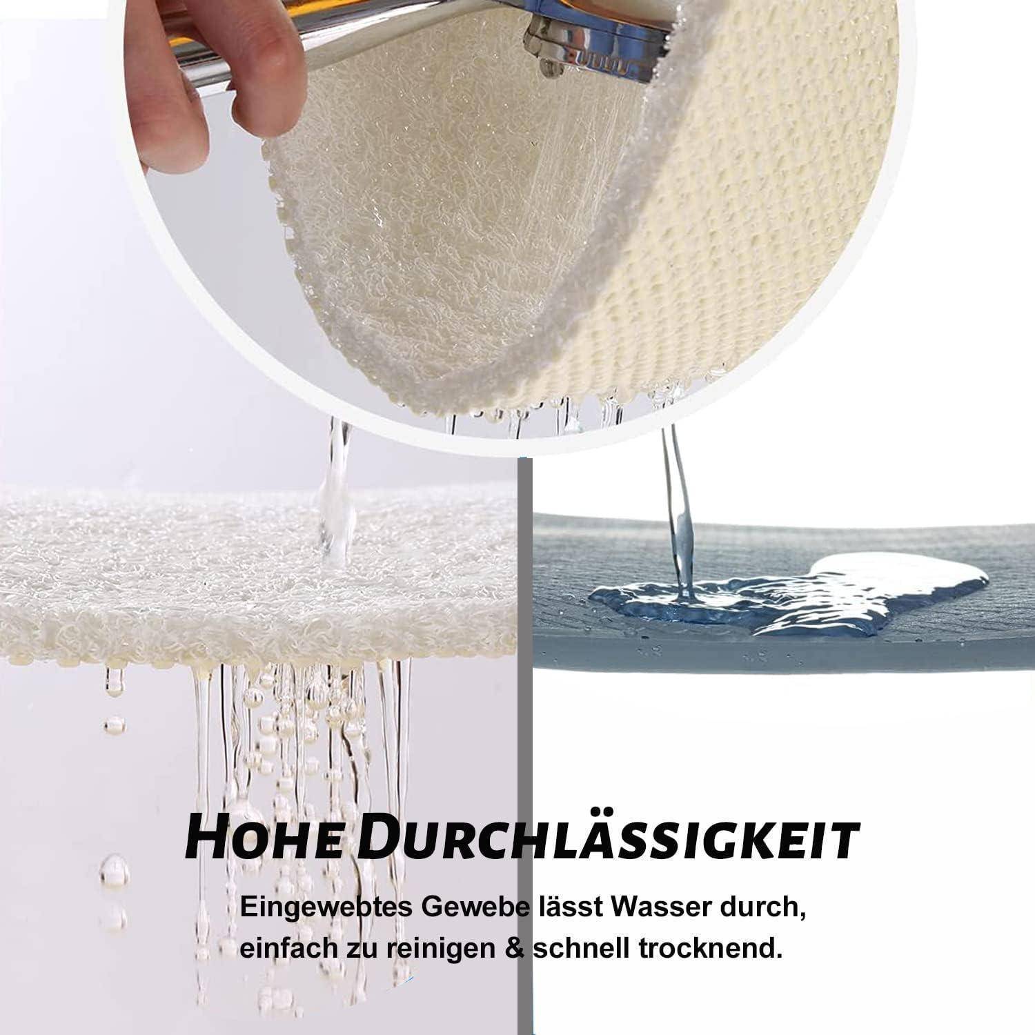 Nahaufnahme eines gewebten Stoffes, der unter Wasser gespült wird, zeigt hohe Durchlässigkeit; deutscher Text sagt 