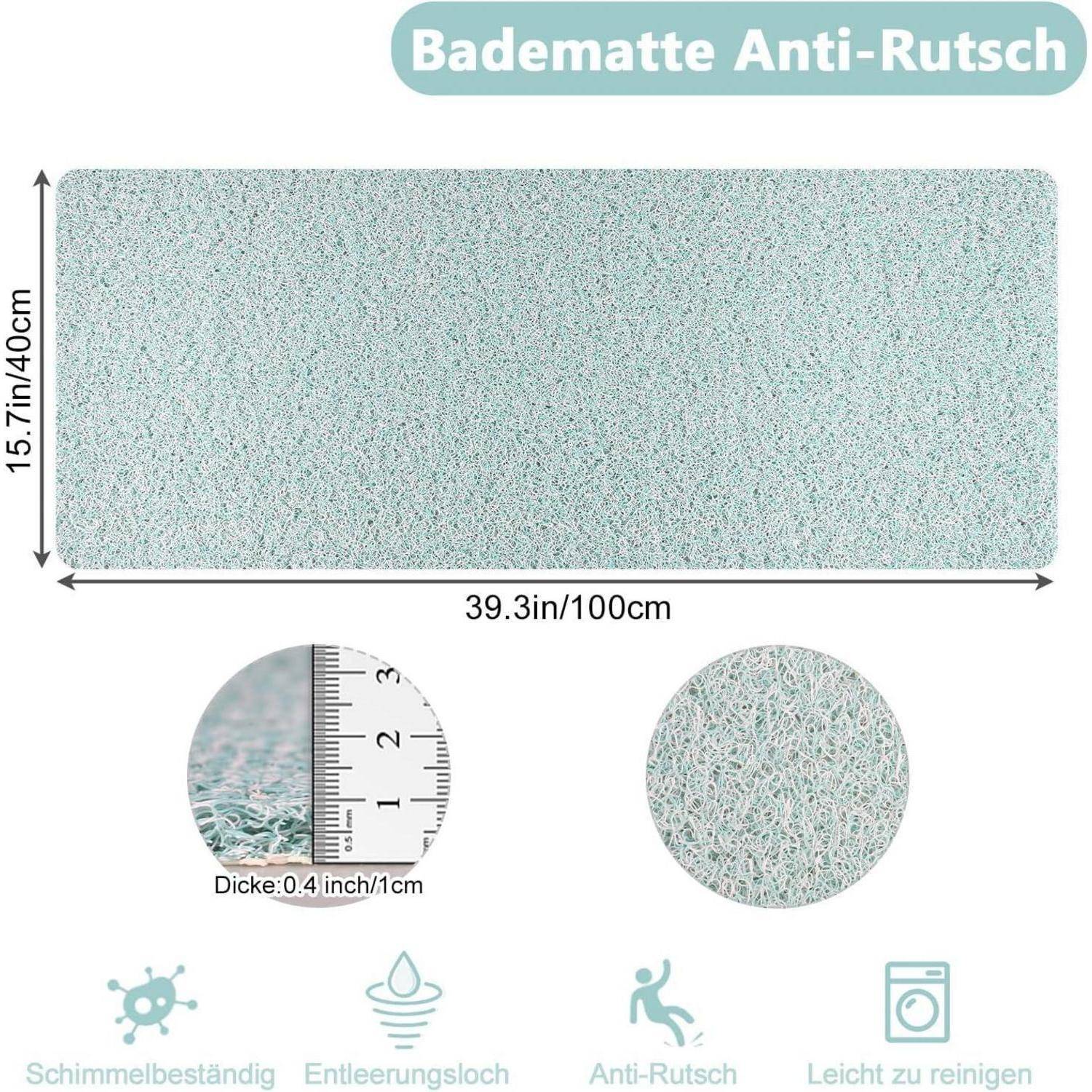 Hellblauer rutschfester Badezimmermatte, 39,3 x 15,7 Zoll (100 x 40 cm), 0,4 Zoll dick, mit schimmelresistenten, entwässernden und leicht zu reinigenden Eigenschaften.