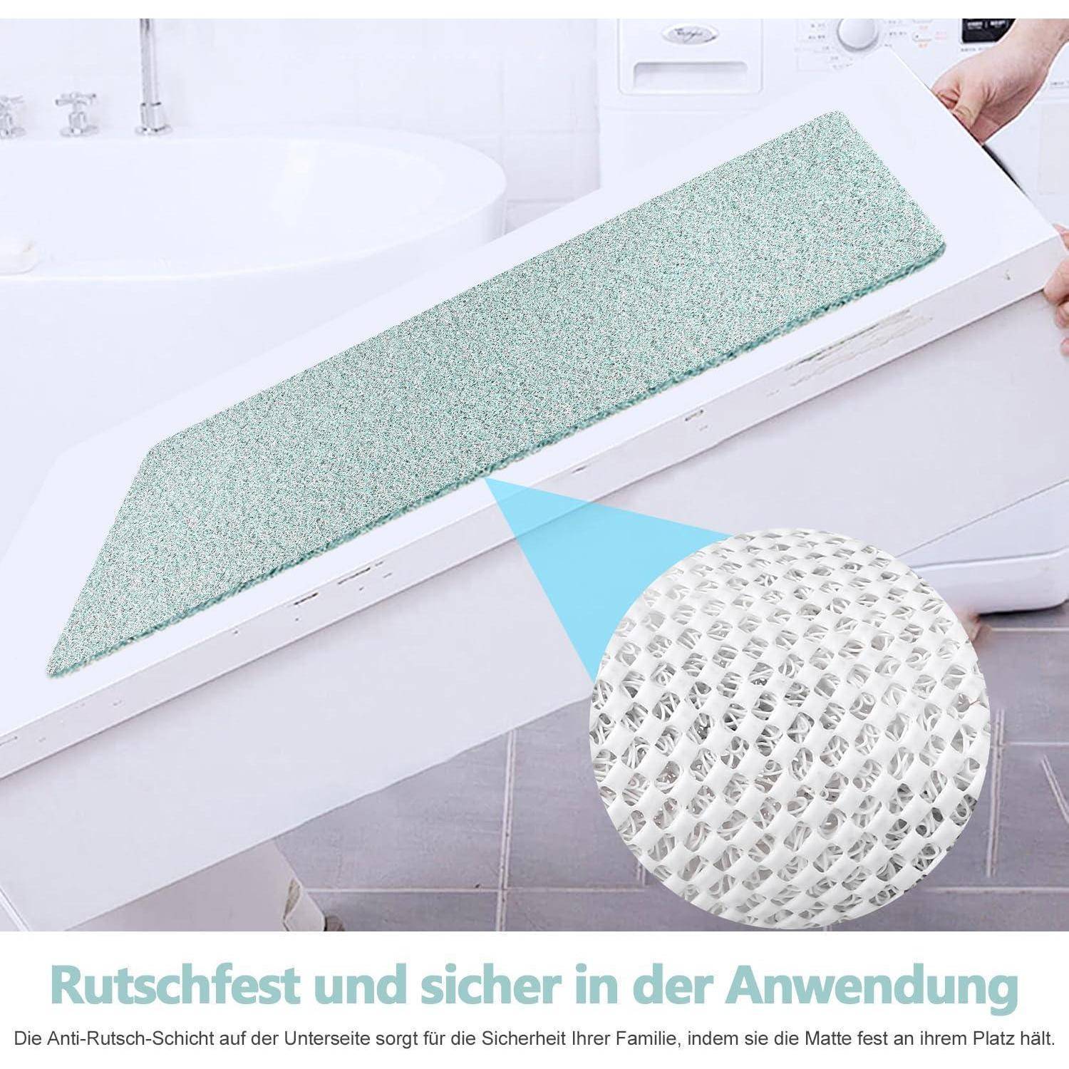 Rutschhemmende Badewannenmatte auf einer Badezimmerstufe, mit einer vergrößerten Detailaufnahme der strukturierten Unterseite und deutschem Text „Rutschfest und sicher in der Anwendung".