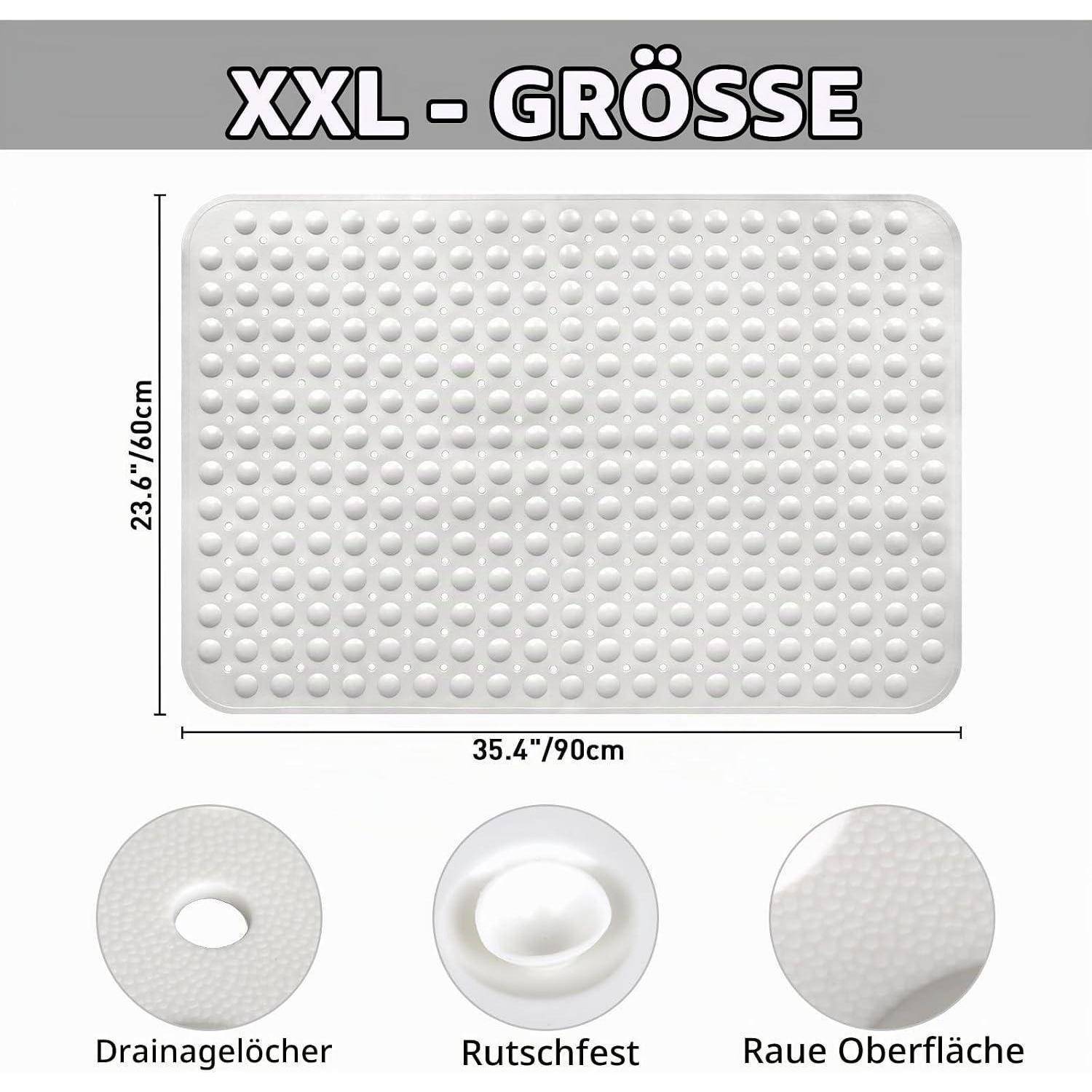 XXL weißes strukturiertes Badtuch, 90 x 60 cm, mit Ablöchern, rutschfester Rückseite und rauer Oberfläche; gekennzeichnet mit 'XXL - GRÖSSE'.