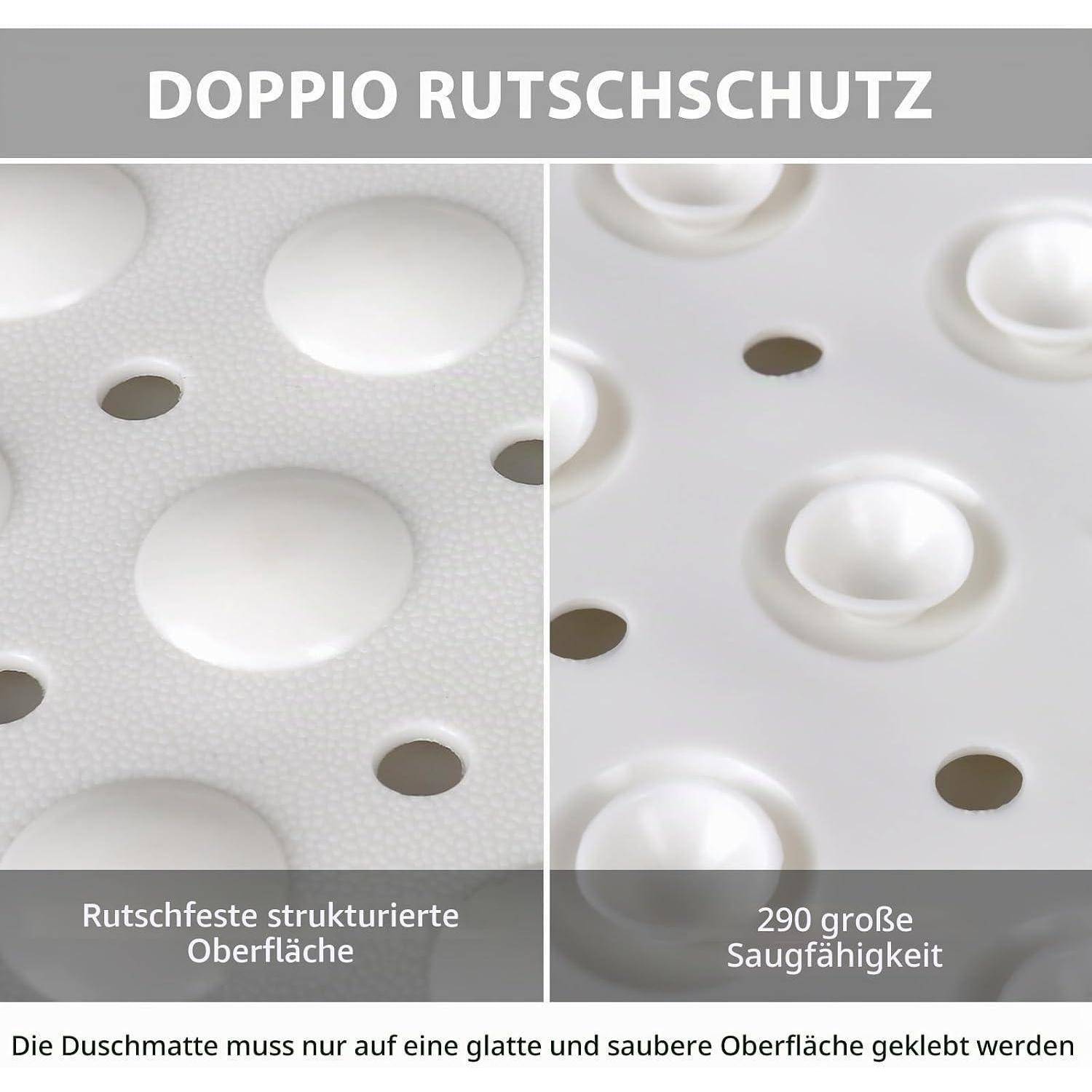 Seite-an-Seite Nahaufnahme von zwei weißen rutschfesten Mattenflächen mit der Bezeichnung „DOPPIO RUTSCHSCHUTZ