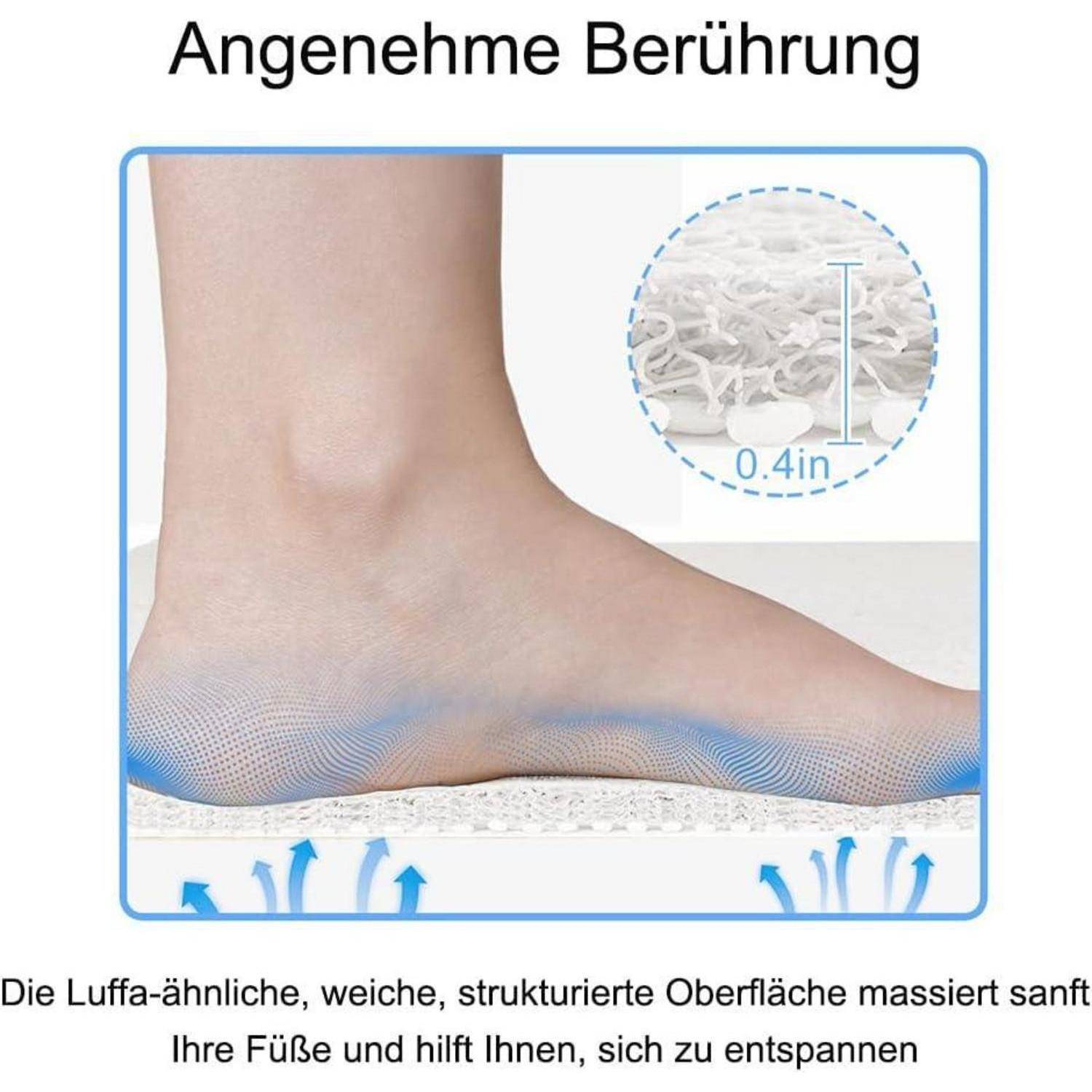 Illustration eines Fußes, der auf einer weichen, strukturierten Einlegesohle ruht, mit Pfeilen, die die Polsterung zeigen, und einer Nahaufnahme mit der Bezeichnung 0,4 Zoll; deutscher Text besagt, dass sie die Füße sanft massiert und entspannt.