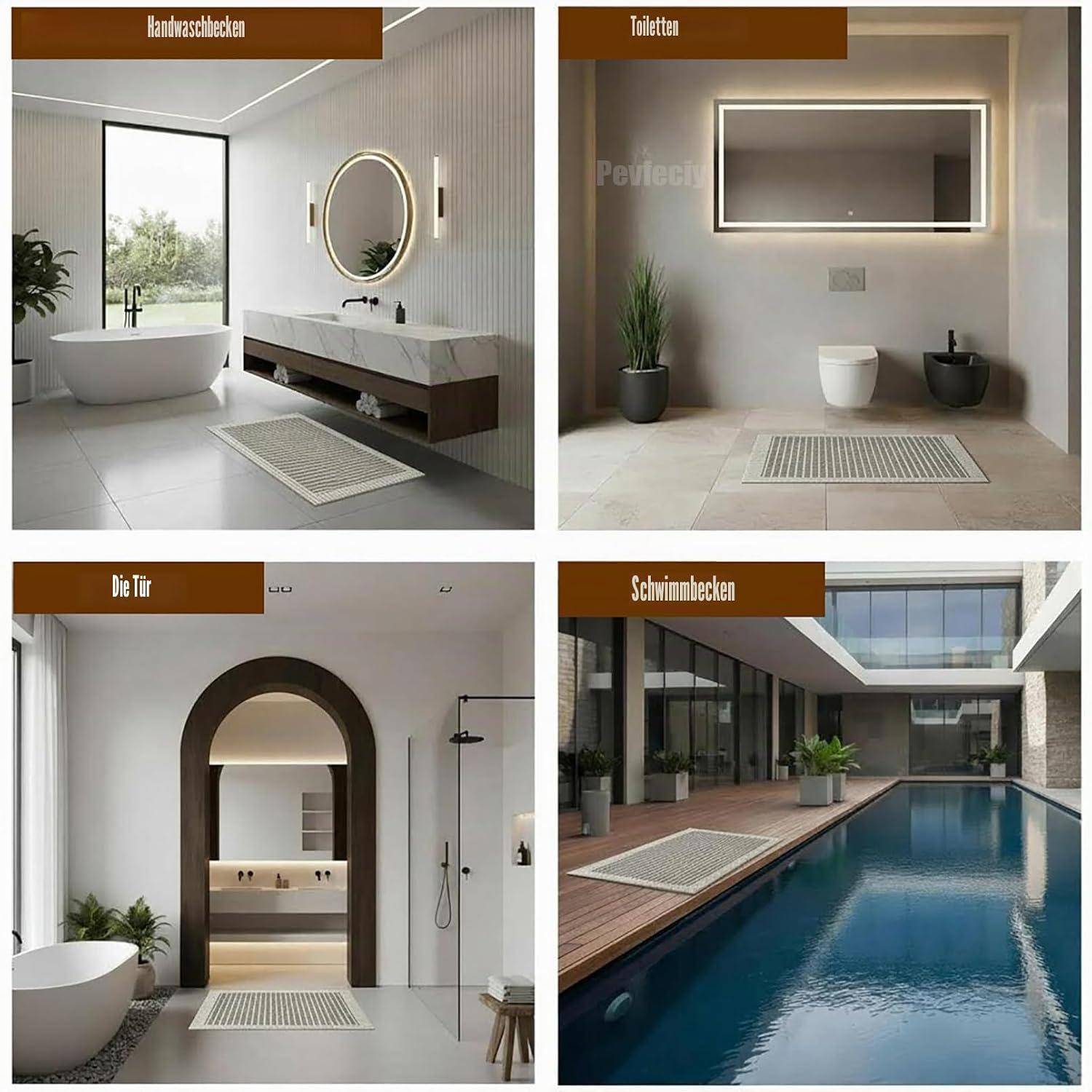 Vier Innen- und Außendesign-Renderings mit den Beschriftungen „Handwaschbecken", „Toilette"", „Die Tür"" und „Schwimmbecken"", die einen Badezimmerwaschbereich, eine Toilettennische, ein gewölbtes Badezimmertürgewölbe und eine Poolterrasse zeigen.