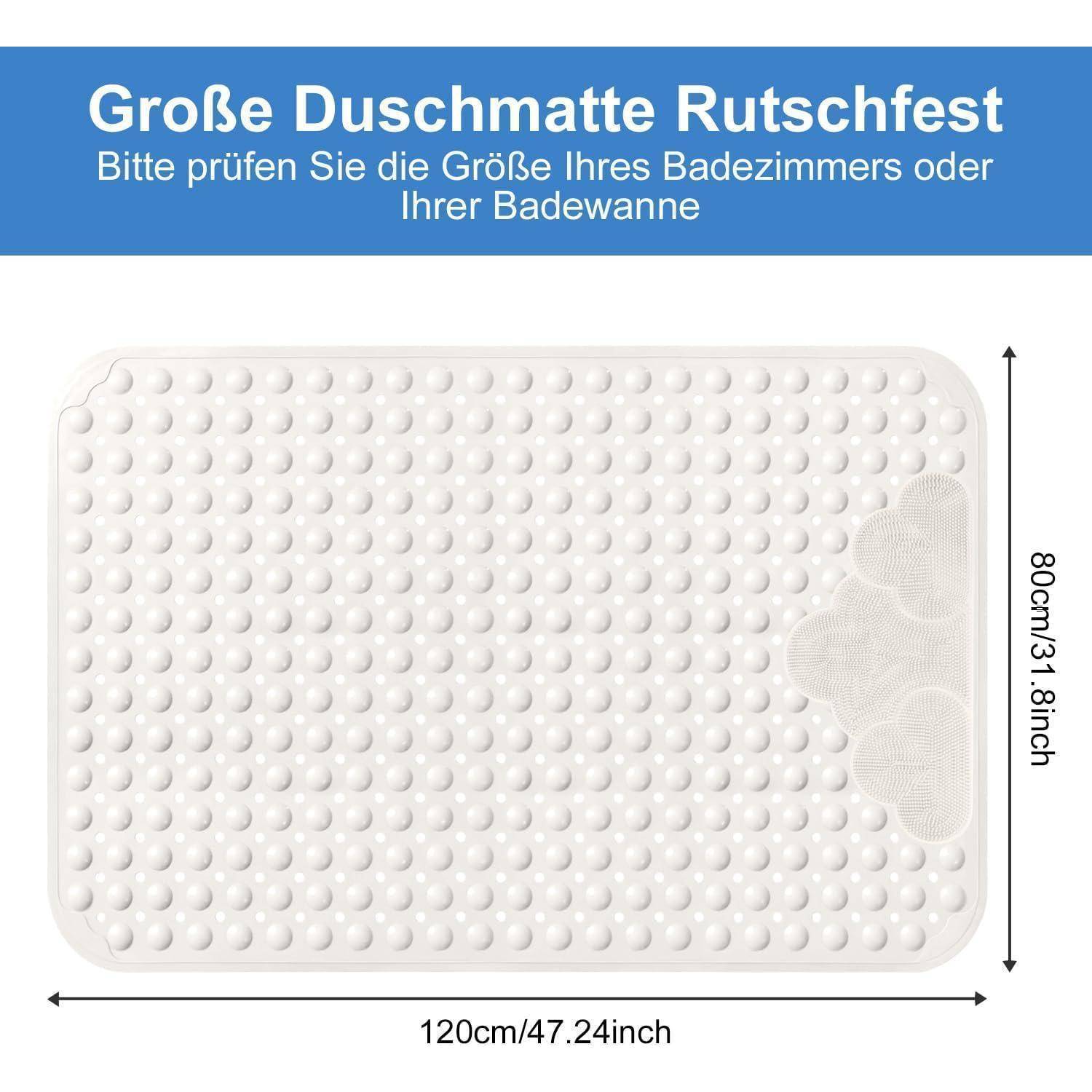 Große rutschfeste Badematte, 120 cm x 80 cm, gezeigt mit Saugnapf-Textur und Größenbeschriftungen in Deutsch und Englisch.