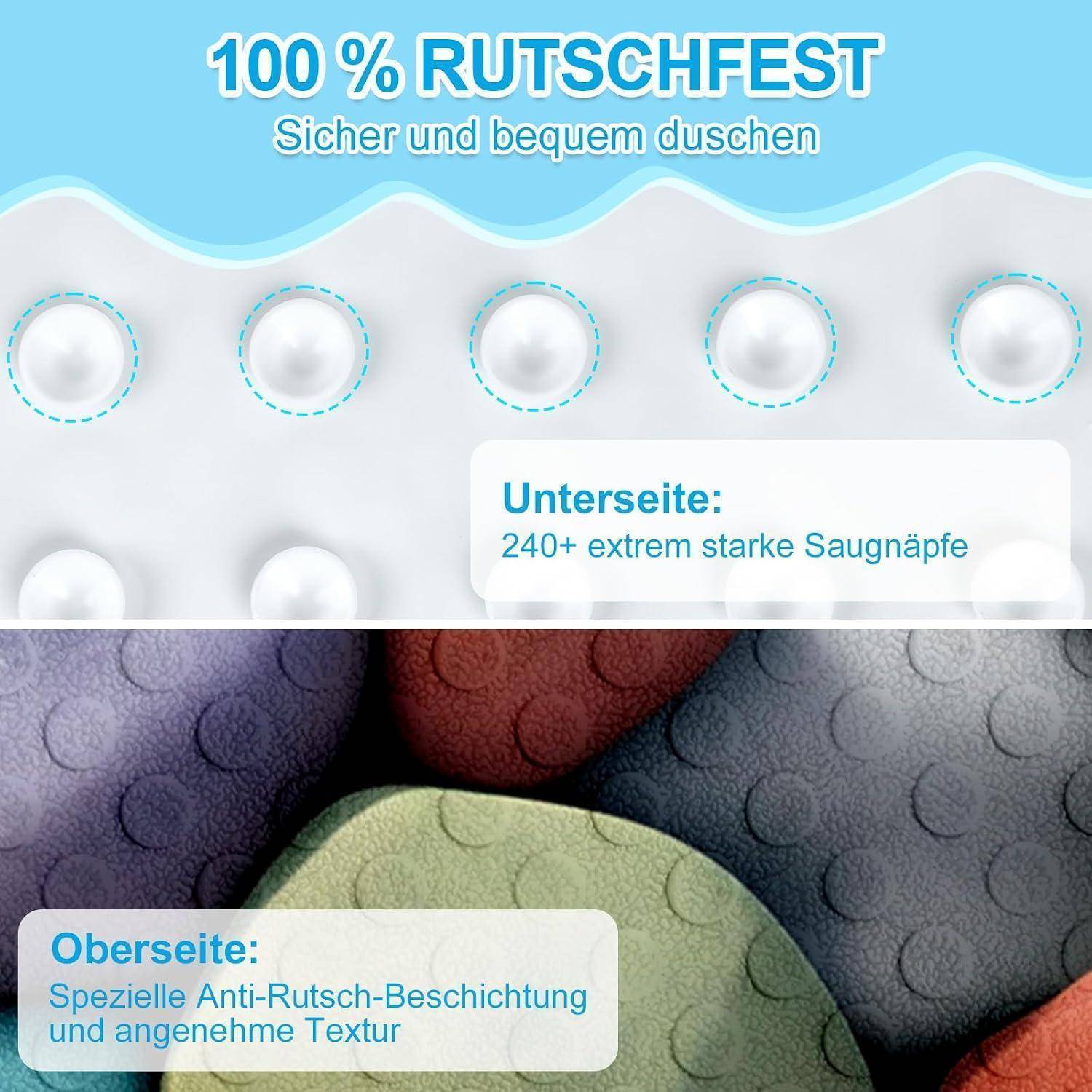 Werbegrafik für eine Badmatte: '100 % RUTSCHFEST' und 'Sicher und bequem duschen', mit 240+ Saugnäpfen auf der Unterseite und strukturierter rutschfester Oberseite.