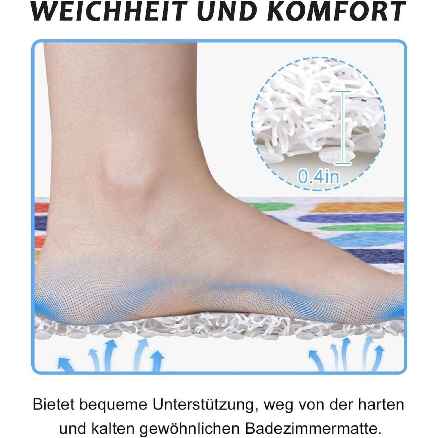 Fuß auf einer gepolsterten Badewannenmatte mit der Bezeichnung „Weichheit und Komfort