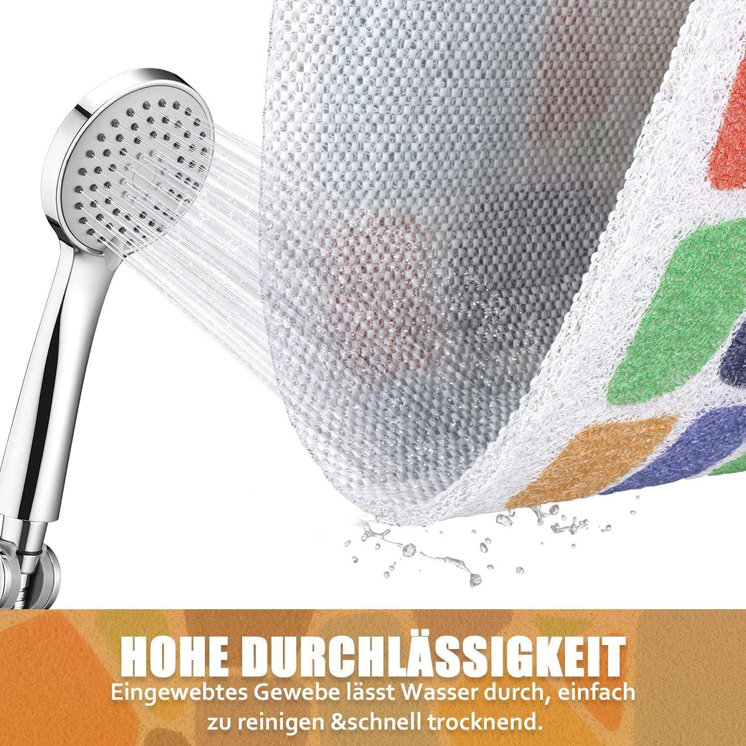 Handbrause sprüht Wasser auf ein gewebtes Frotteetuch, mit deutschem Text 
