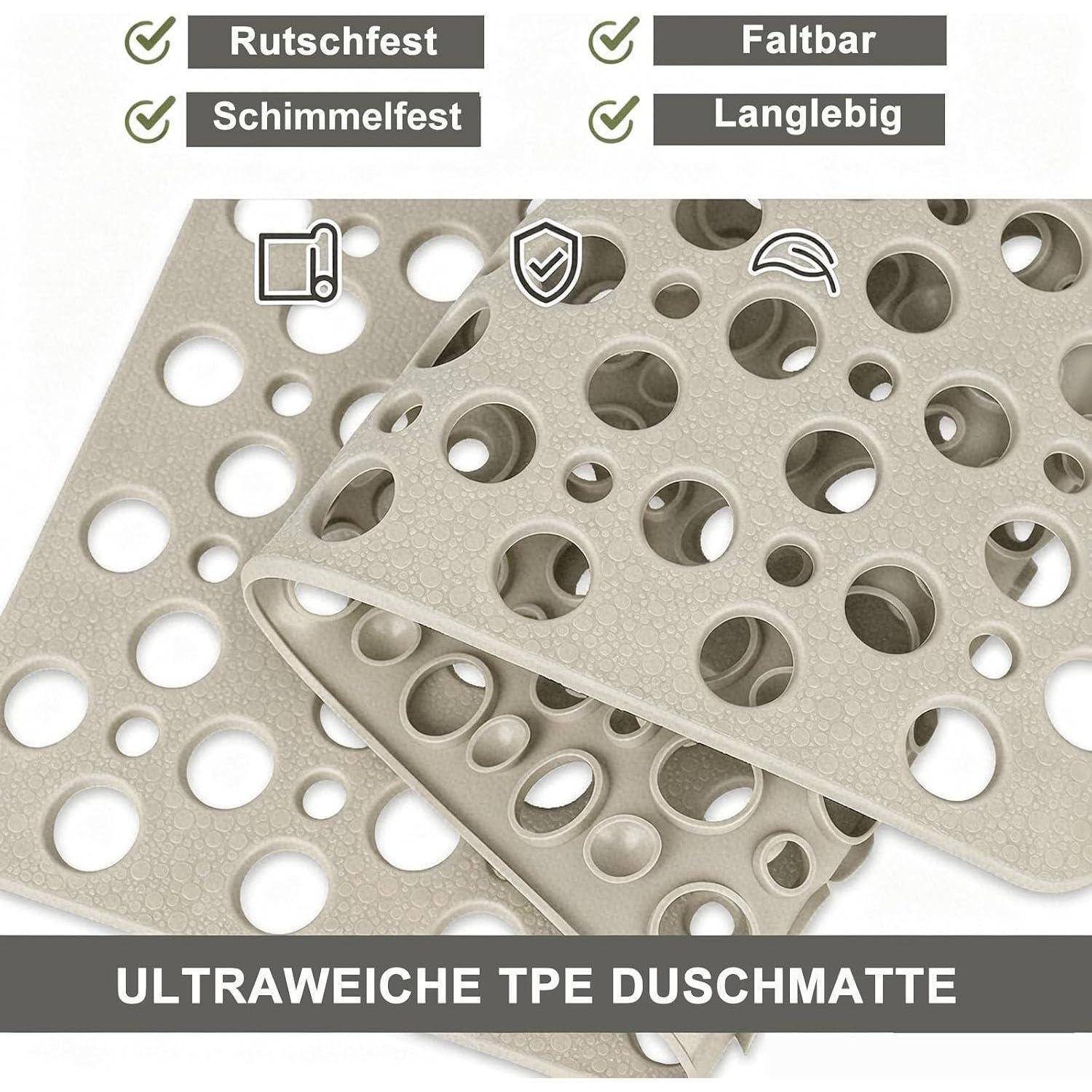 Produktbild von beige gelochten 'ULTRAWESCHE TPE DUSCHMATTE' Badematten, gekennzeichnet als rostfrei, schimmelresistent, faltbar und langlebig.