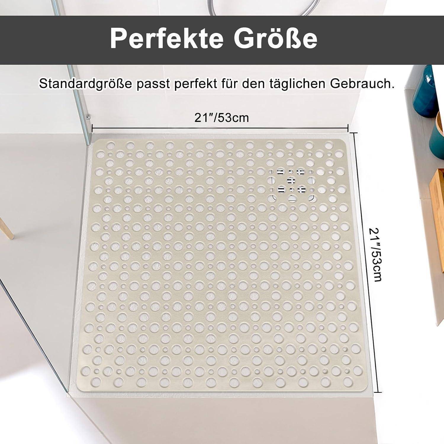 Quadratische rutschfeste Badmatte in einem Badezimmer dargestellt, gekennzeichnet als Standardgröße 21 x 21 Zoll (53 cm) für den täglichen Gebrauch.
