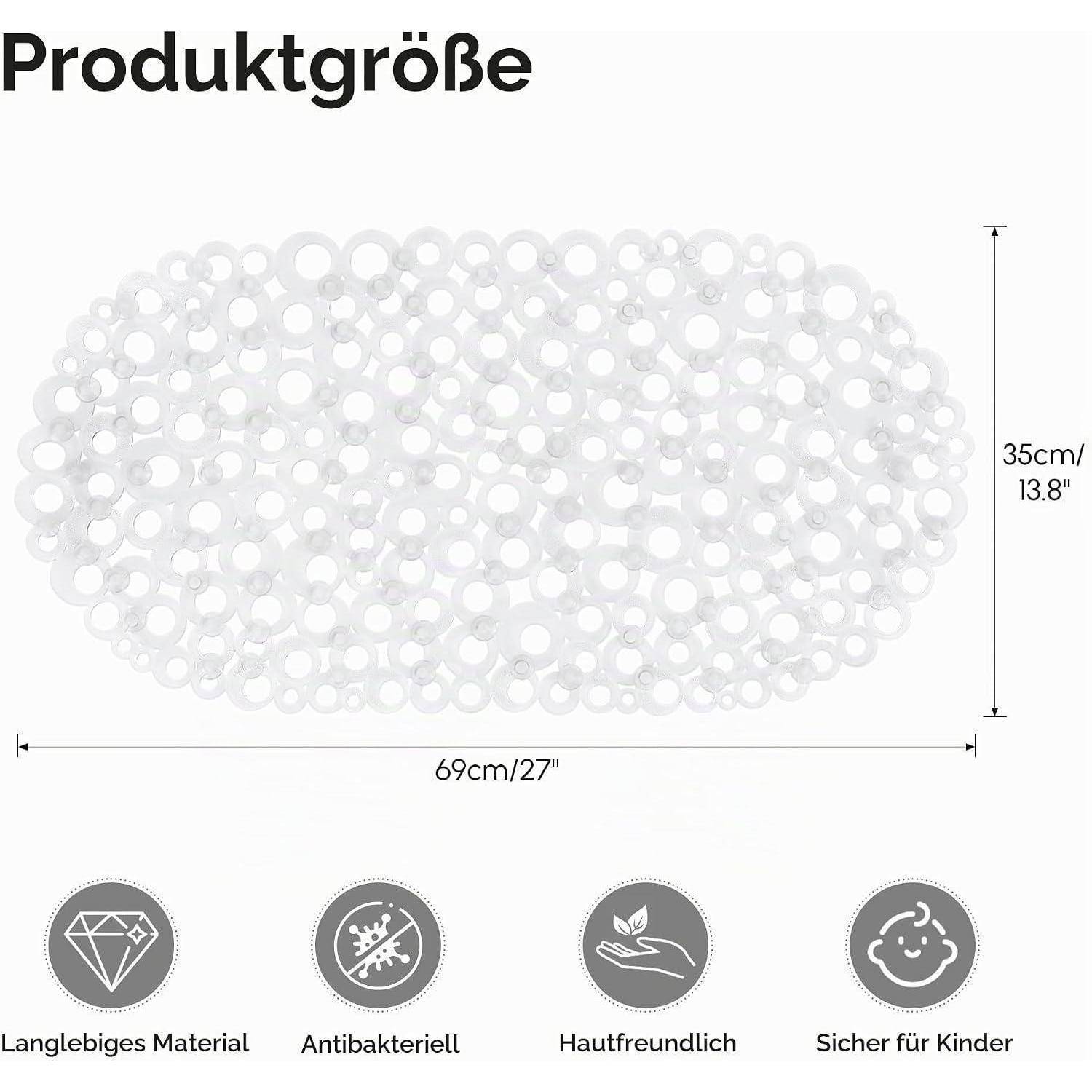 Produktgrößen-Diagramm mit einer durchscheinenden ovalen Matte, 69 cm breit und 35 cm hoch, mit Symbolen, die Langlebigkeit, antibakterielle Wirkung, Hautfreundlichkeit und Kinderfreundlichkeit anzeigen.