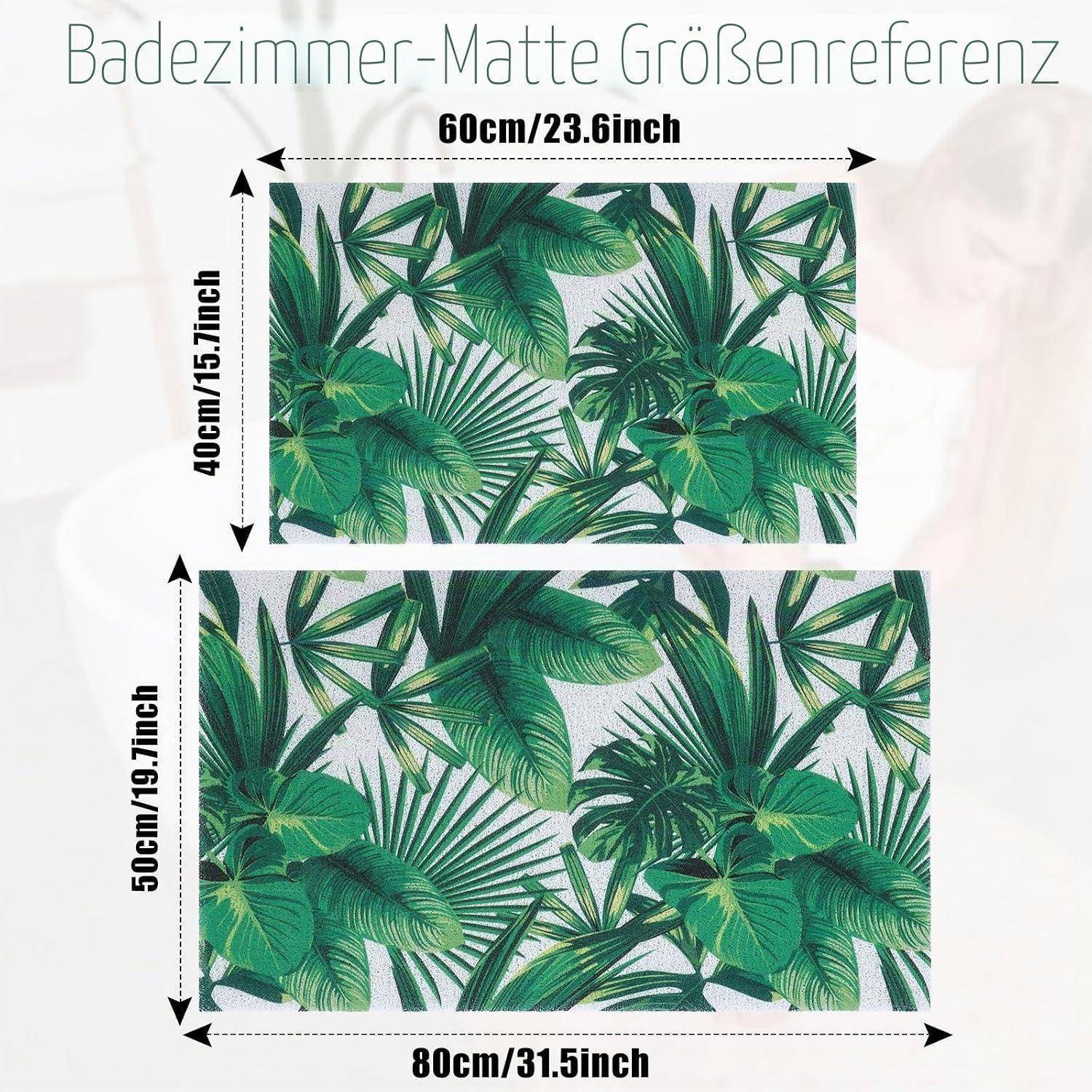 Größenreferenzgrafik für Badematten mit zwei tropischen Blattmusterteppichen: 60 x 40 cm und 80 x 50 cm.