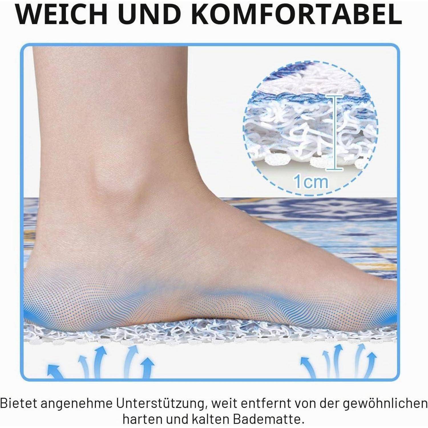 Fuß in einer gepolsterten Einlegesohle mit 1 cm Dicke; Text besagt 