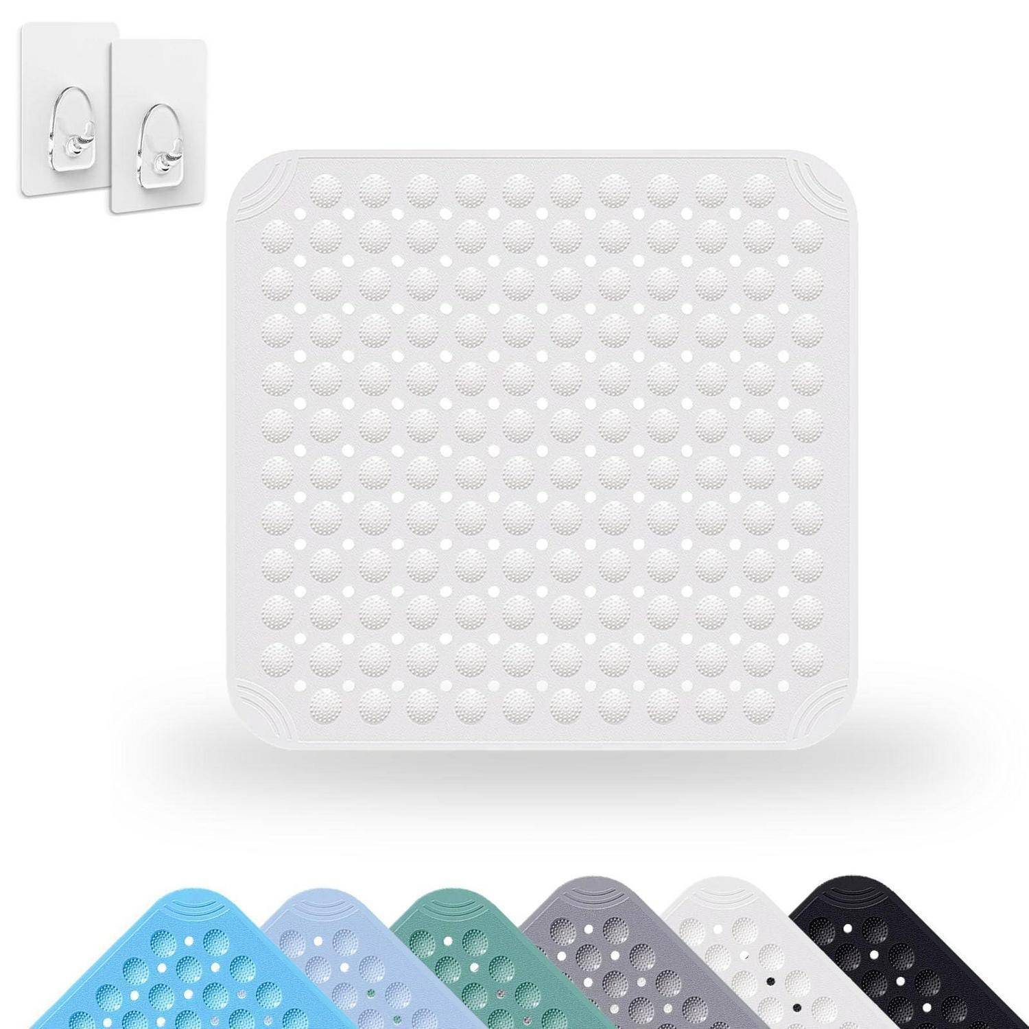 Weiße quadratische Klebehaken für die Wand mit strukturiertem Panel in mehreren Farben, einschließlich Nahaufnahmen der kleinen Hakenmontagen.