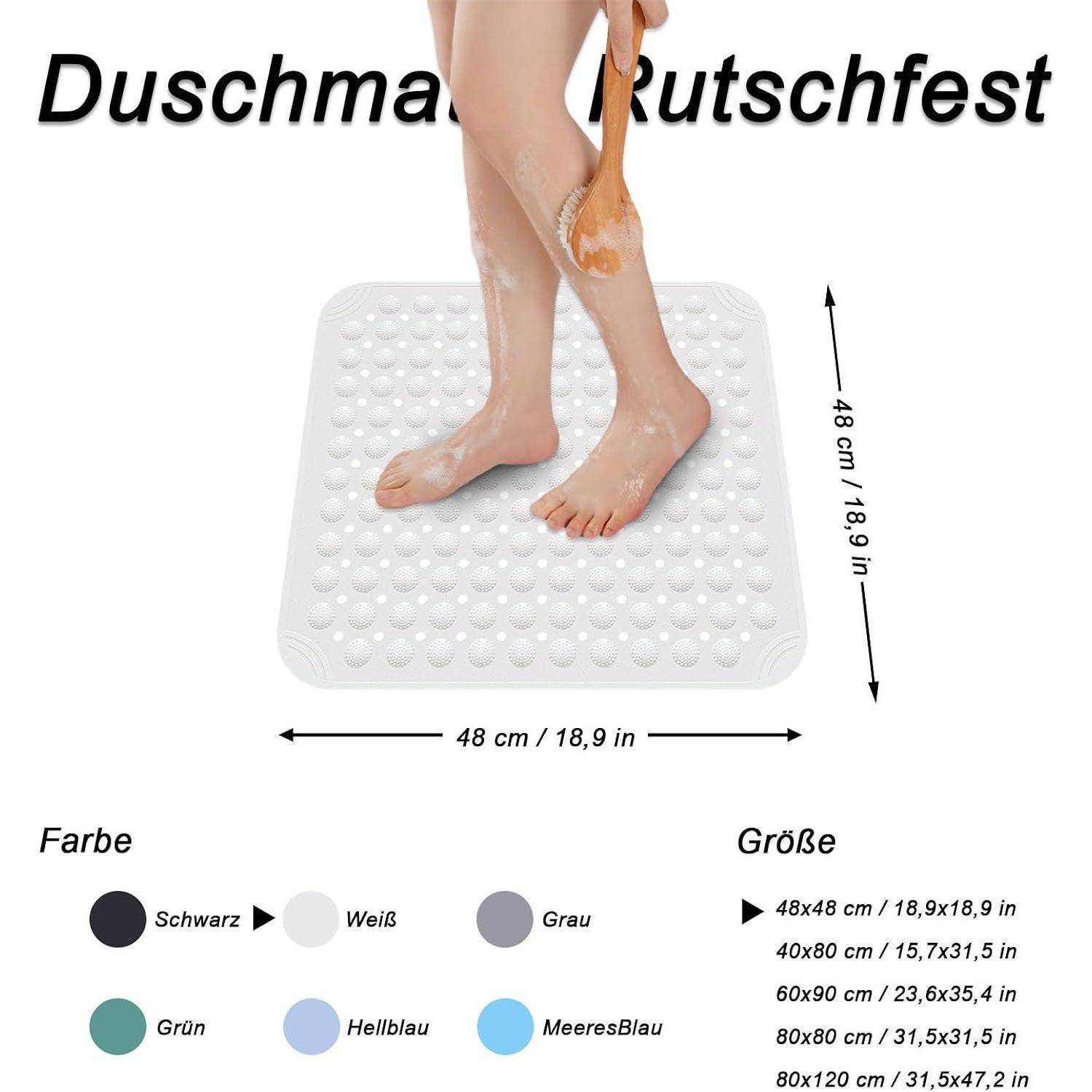 Antirutsch-Duschvorleger in Gebrauch, mit Abmessungen von 48 x 48 cm und gezeigten Farboptionen: Schwarz, Weiß, Grau, Grün, Hellblau und Meeresblau.