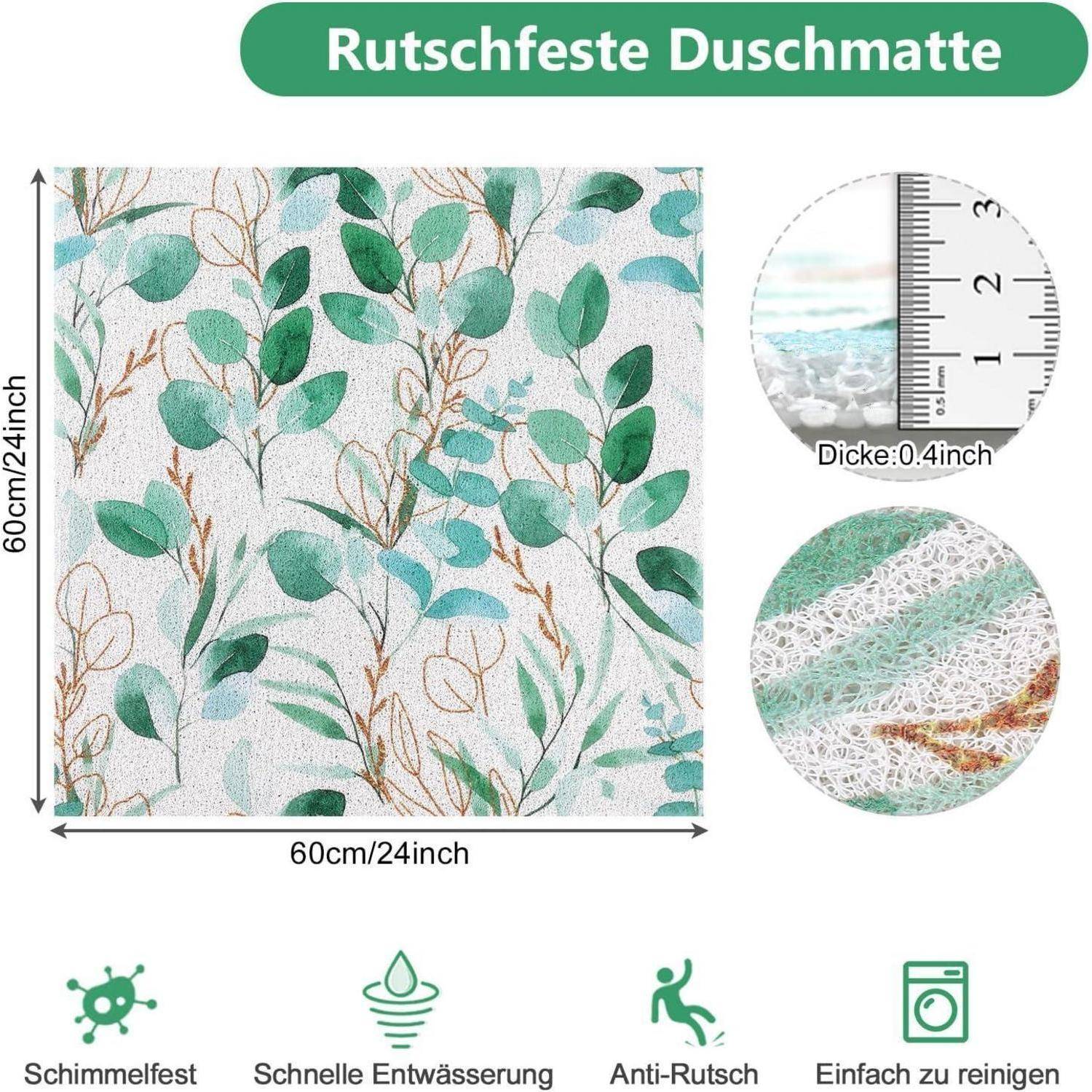 Rutschfeste Duschmatte, 60 cm x 60 cm, mit Blattmuster, 0,4 Zoll Dicke und Symbolen für Schimmelresistenz, schnelle Drainage und einfache Reinigung.