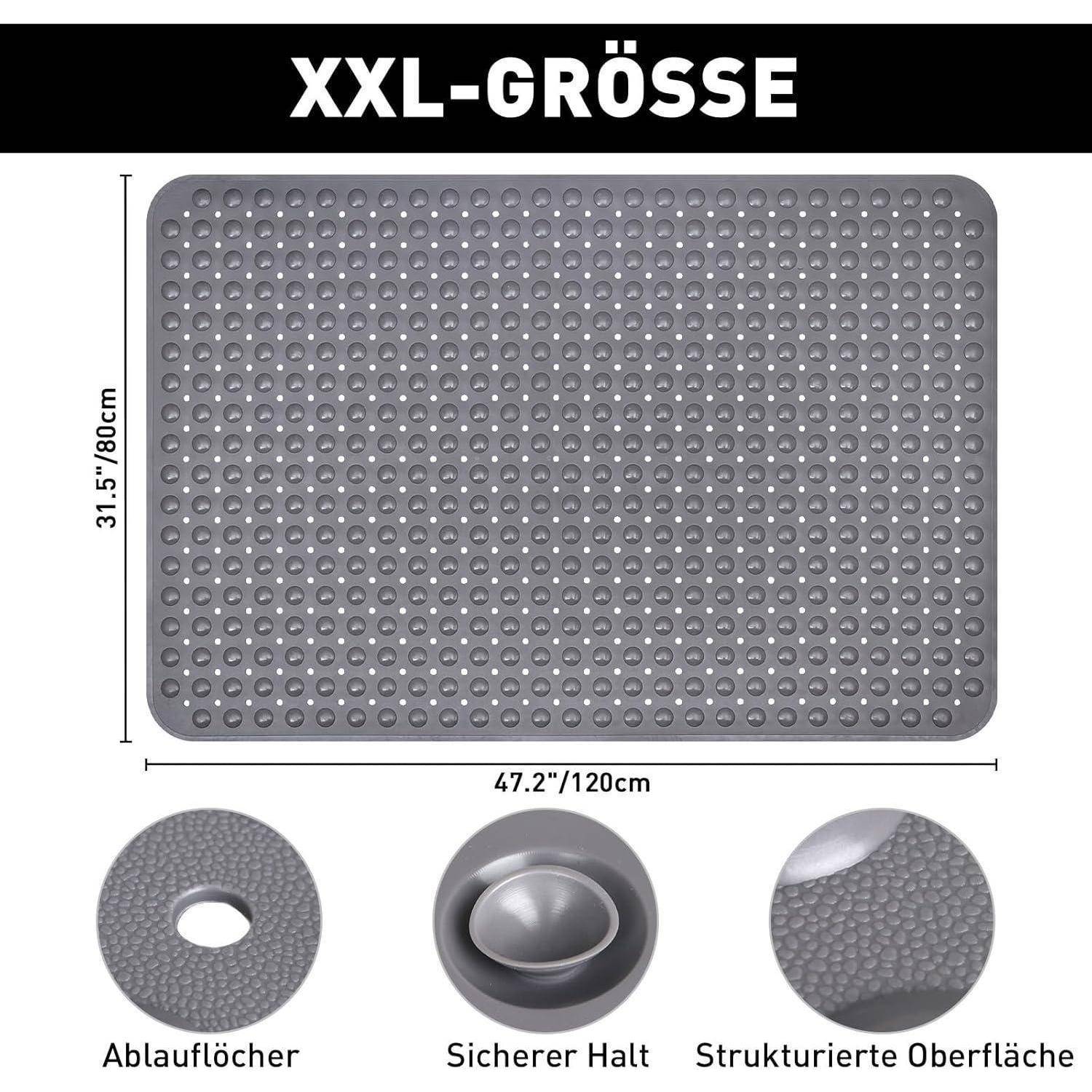 XXL grauer strukturierter Badteppich mit Ablauflöchern, 47,2 x 31,5 Zoll; gekennzeichnet mit „Ablauflöcher", „Sicherer Halt"", „Strukturierte Oberfläche"" zur Anzeige von Ablauflöchern, Griffigkeit und rutschfester Oberfläche.