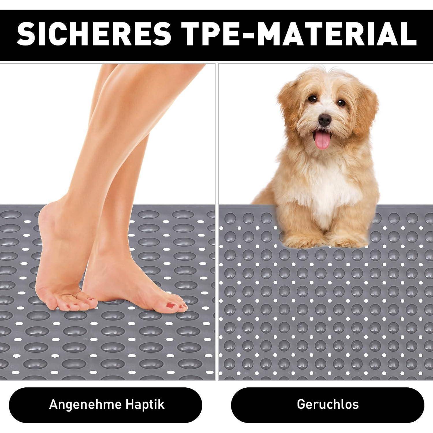 Geteiltes Bild, das einen Fuß und einen Welpen auf einer grauen perforierten TPE-Matte zeigt, mit den Beschriftungen „SICHERES TPE-MATERIAL", „Angenehme Haptik"" und „Geruchlos"".