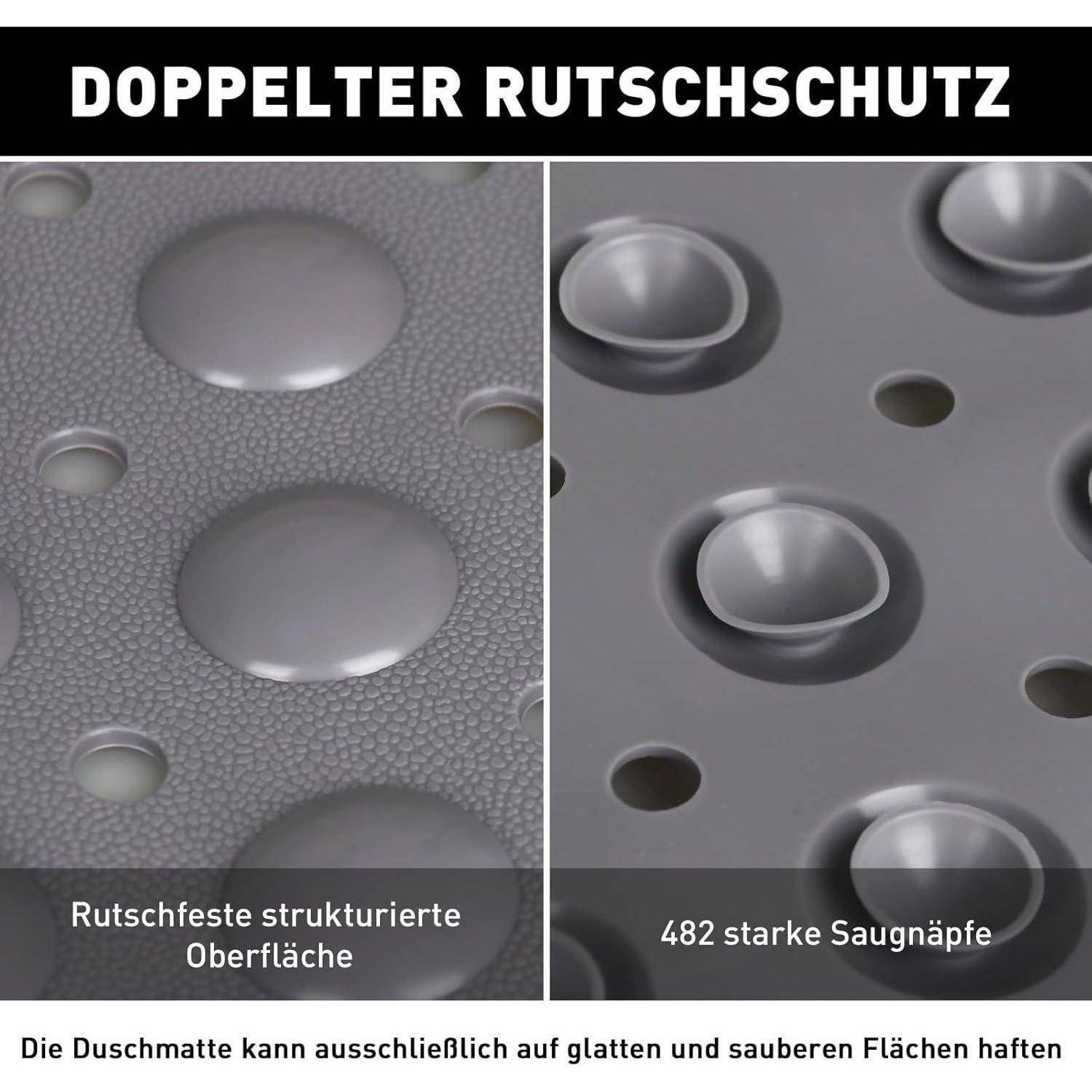 Deutsches Angebot für eine Badezimmermatte mit doppeltem rutschfestem Design: strukturierte Oberfläche und 482 Saugnapfe zum Haften auf glatten, sauberen Böden.