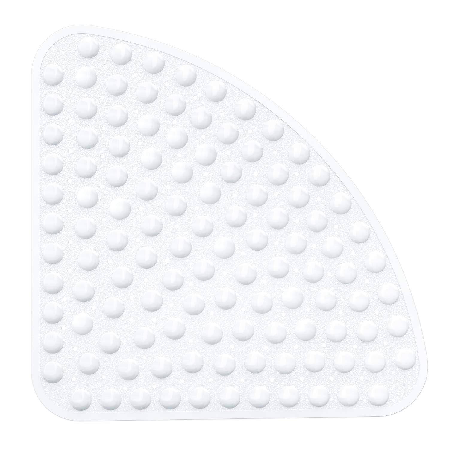 Weiße, durchscheinende, silikonähnliche Matte mit erhabenen kreisförmigen Noppen und abgerundeter dreieckiger Form auf einfachem Hintergrund.