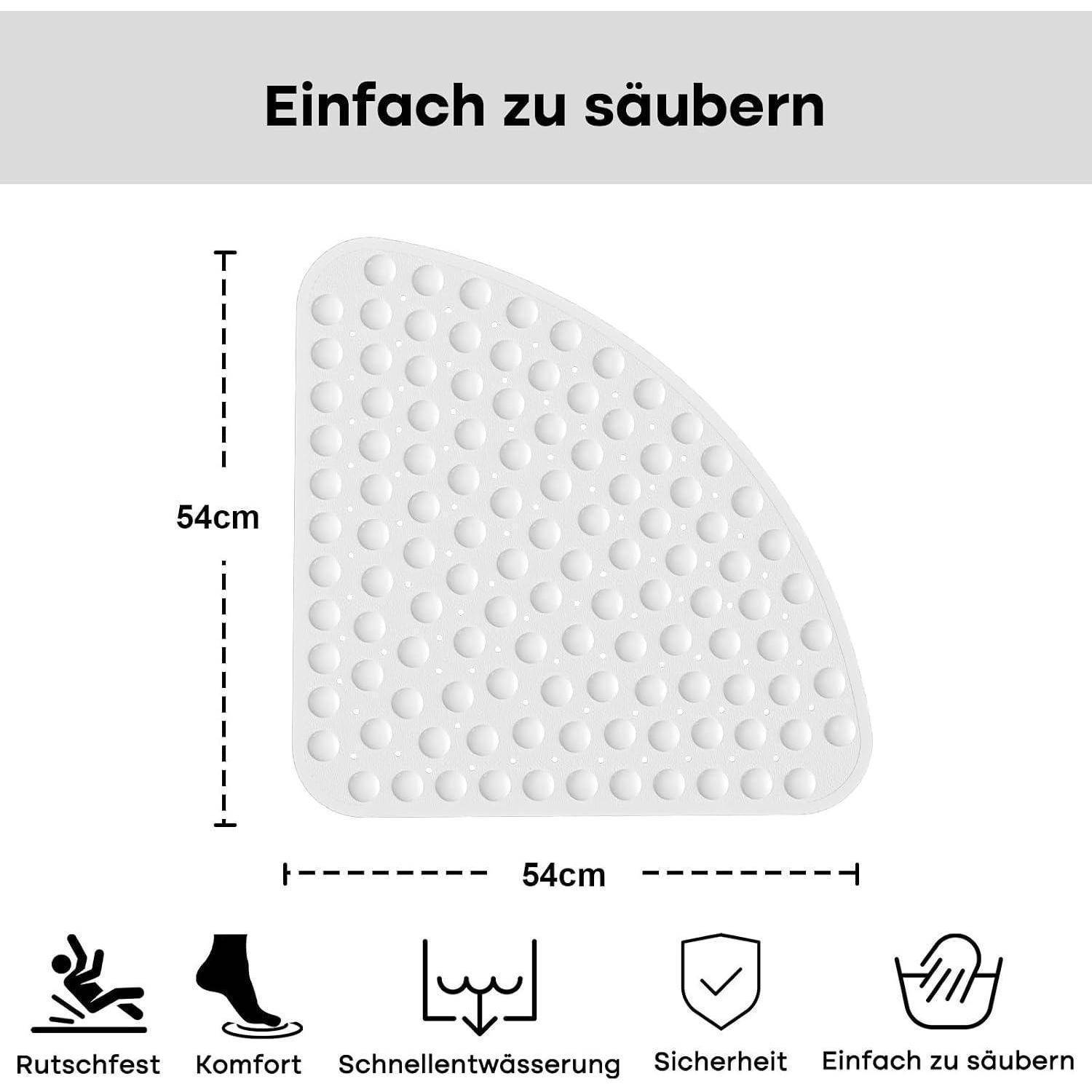 Deutsches Produktgrafik einer strukturierten Eckbadematte, 54 cm x 54 cm, gekennzeichnet mit leicht zu reinigen, rutschfest, komfortabel, schnellentwässernd und sicher.