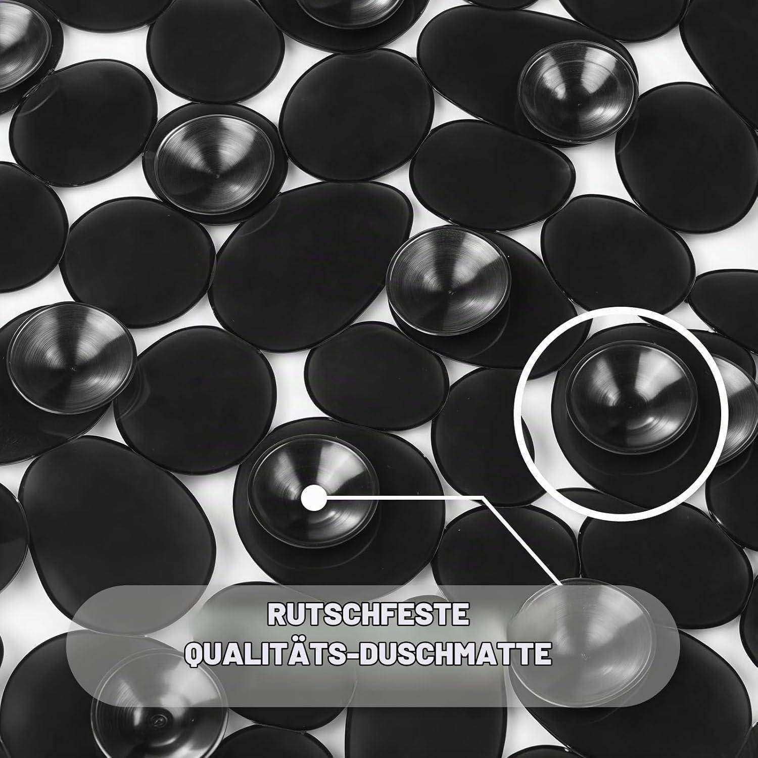 Schwarze strukturierte Duschmatte mit Saugnapfnopfen, hervorgehoben durch einen Ausrufer; deutscher Text lautet "RUTSCHFESTE QUALITÄTS-DUSCHMATTE"".