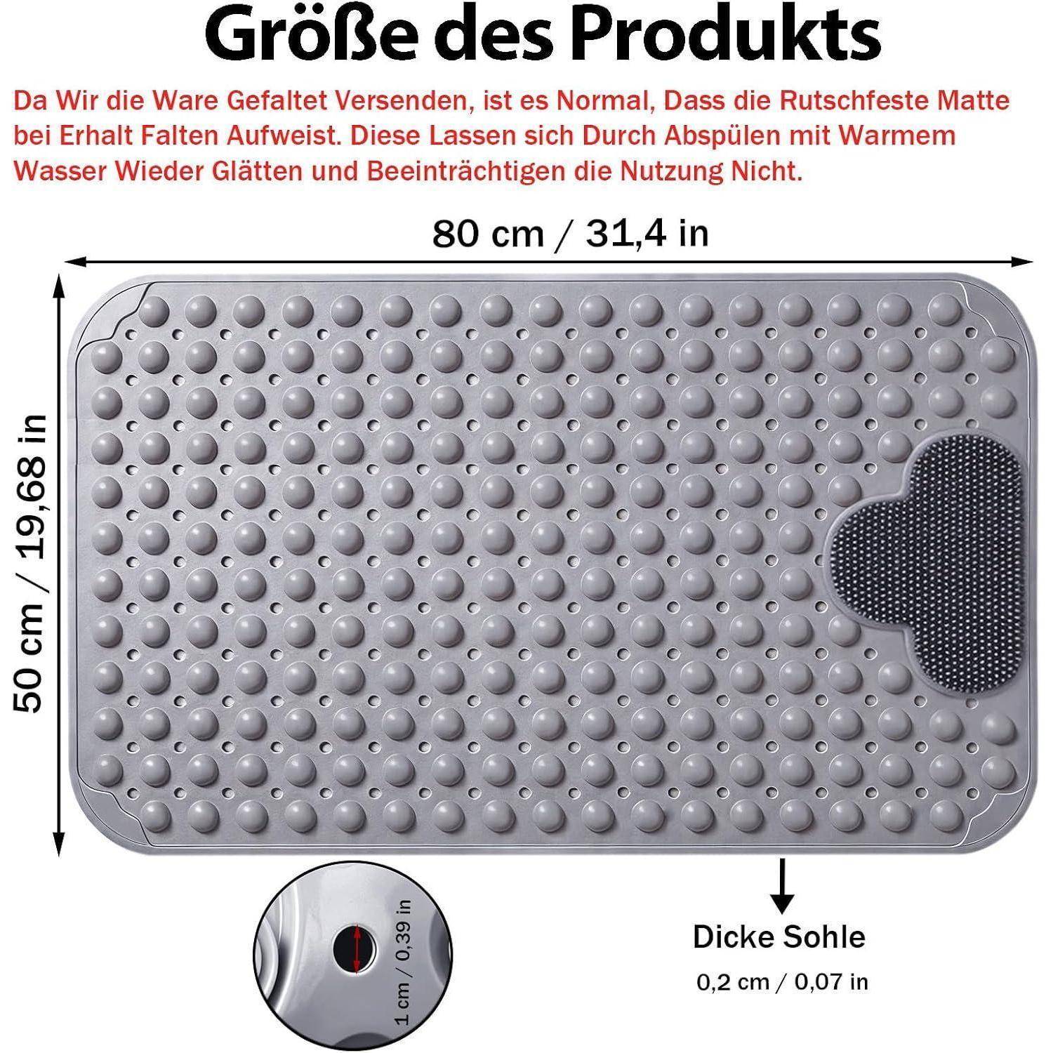 Abbildung einer strukturierten grauen rutschsicheren Matte mit den Abmessungen 80 cm x 50 cm und einer Dicke von 0,2 cm, plus ein Hinweis, dass Falten durch den Versand mit warmem Wasser geglättet werden können.