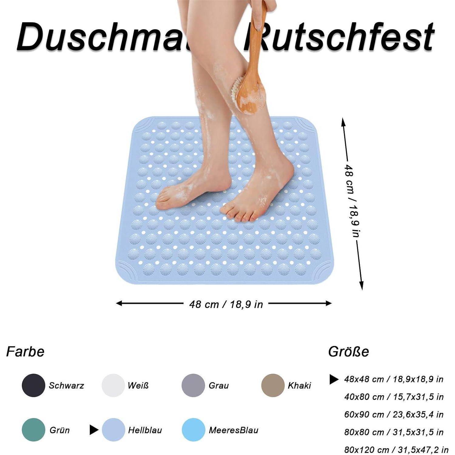 Produktbild einer blauen quadratischen Duschmatte mit Saugnapfpunkten, mit der Bezeichnung 'Duschmatte rutschfest', zeigt die Größe von 48 x 48 cm und verfügbare Farben und Größen.