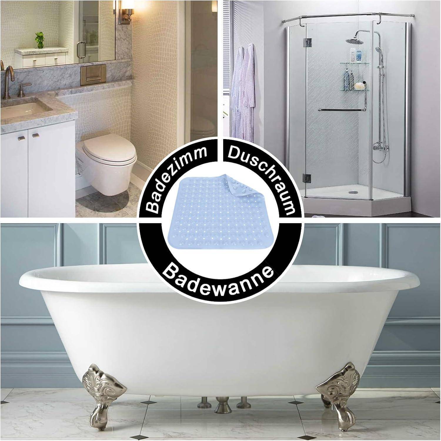 Collage eines Badezimmers mit einer Toilette, Dusche und freistehender Badewanne mit einer blauen Antirutschmattenanummer mit deutschem Etikett für die Verwendung im Badezimmer, in der Dusche und in der Badewanne.