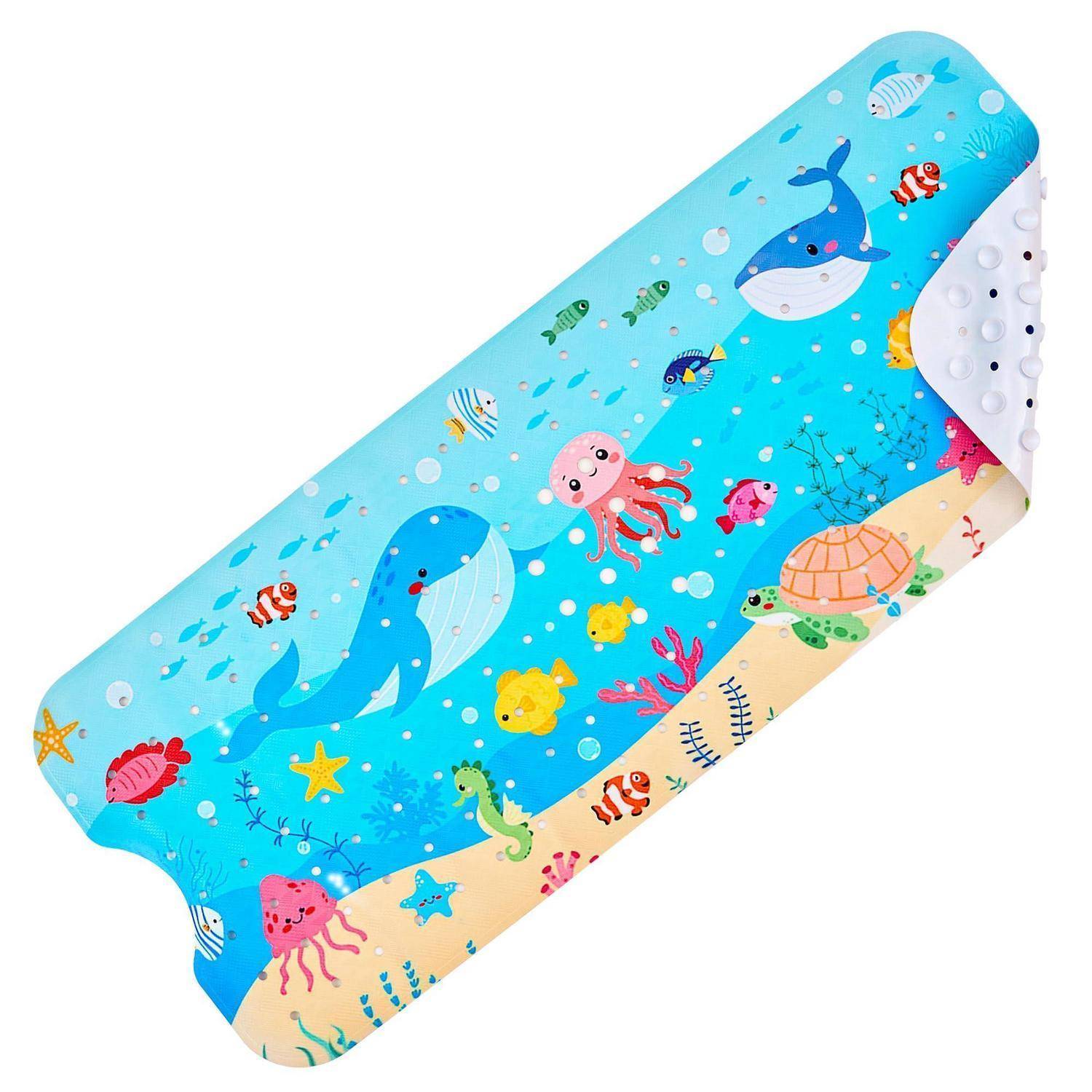 Buntes Kinderkissen mit Unterwasser-Meeresleben-Druck, mit Walen, Fischen, Kraken, Schildkröte und Korallen auf blauem Hintergrund.
