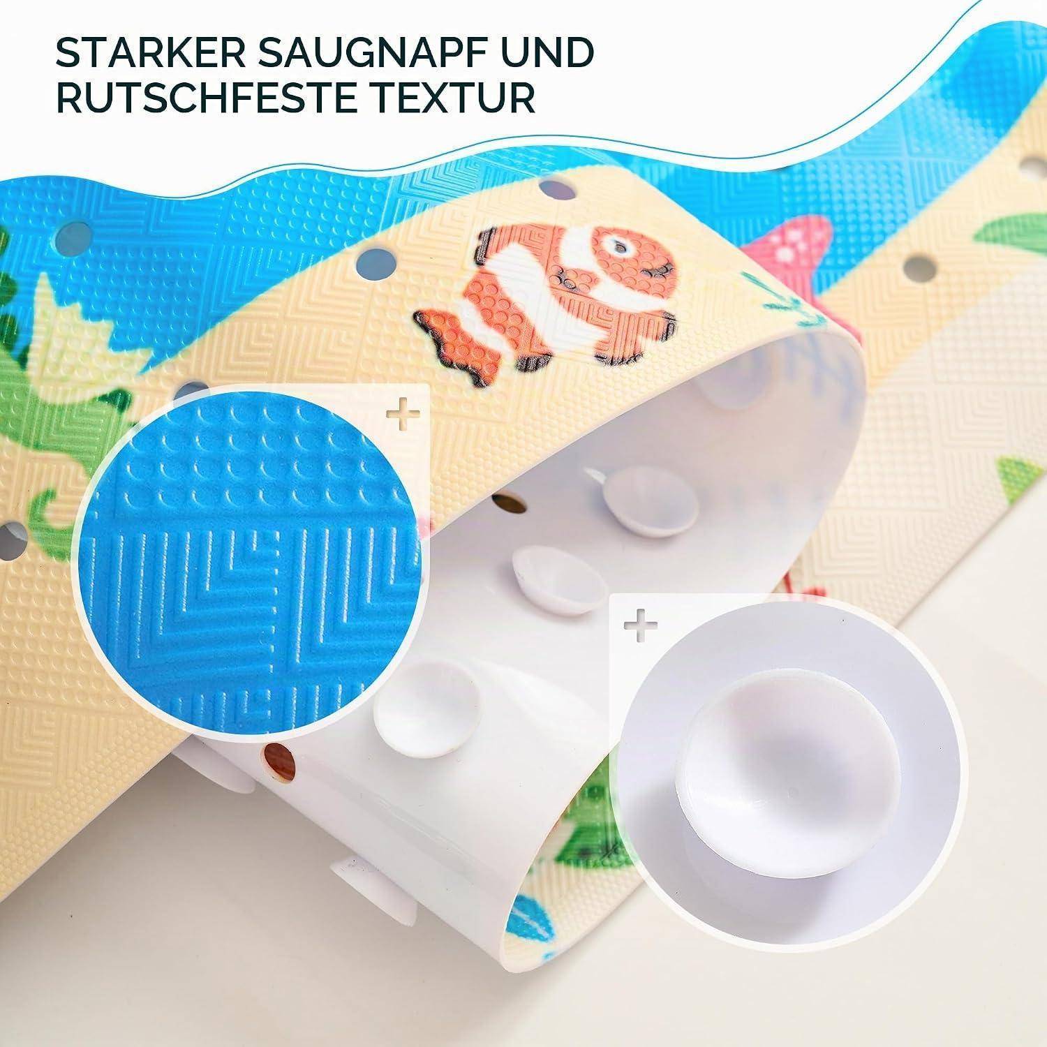 Illustrierte Baby-Spielmatte mit „stärkerer, sicherer und rutschfester Textur" mit vergrößerten Ausschnitten von strukturierten und gepolsterten Oberflächen.