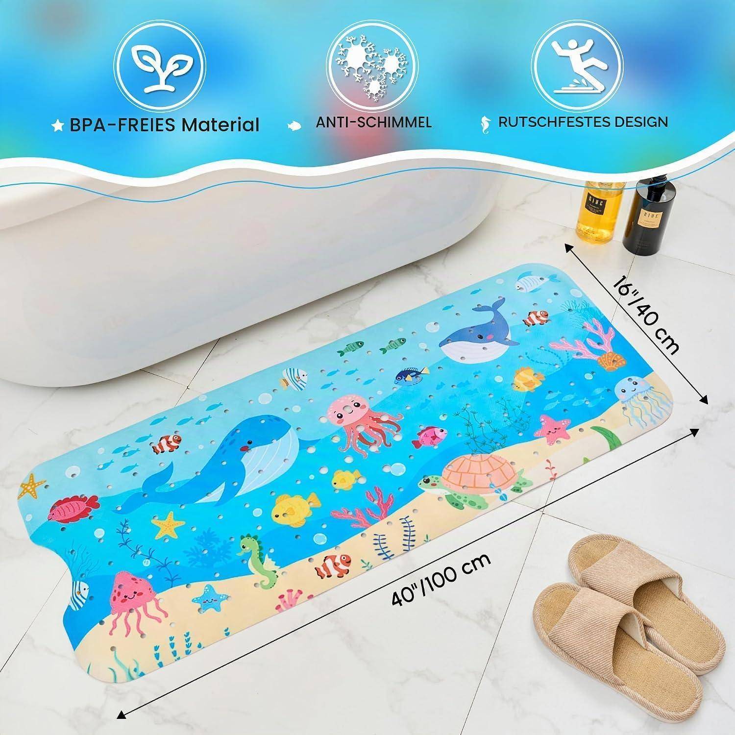 Badezimmermatte im Blauozean-Design mit Cartoon-Meerestieren, erhältlich in 40 x 100 cm und 16 x 40 cm, gekennzeichnet als BPA-frei, schimmelresistent und rutschfest.