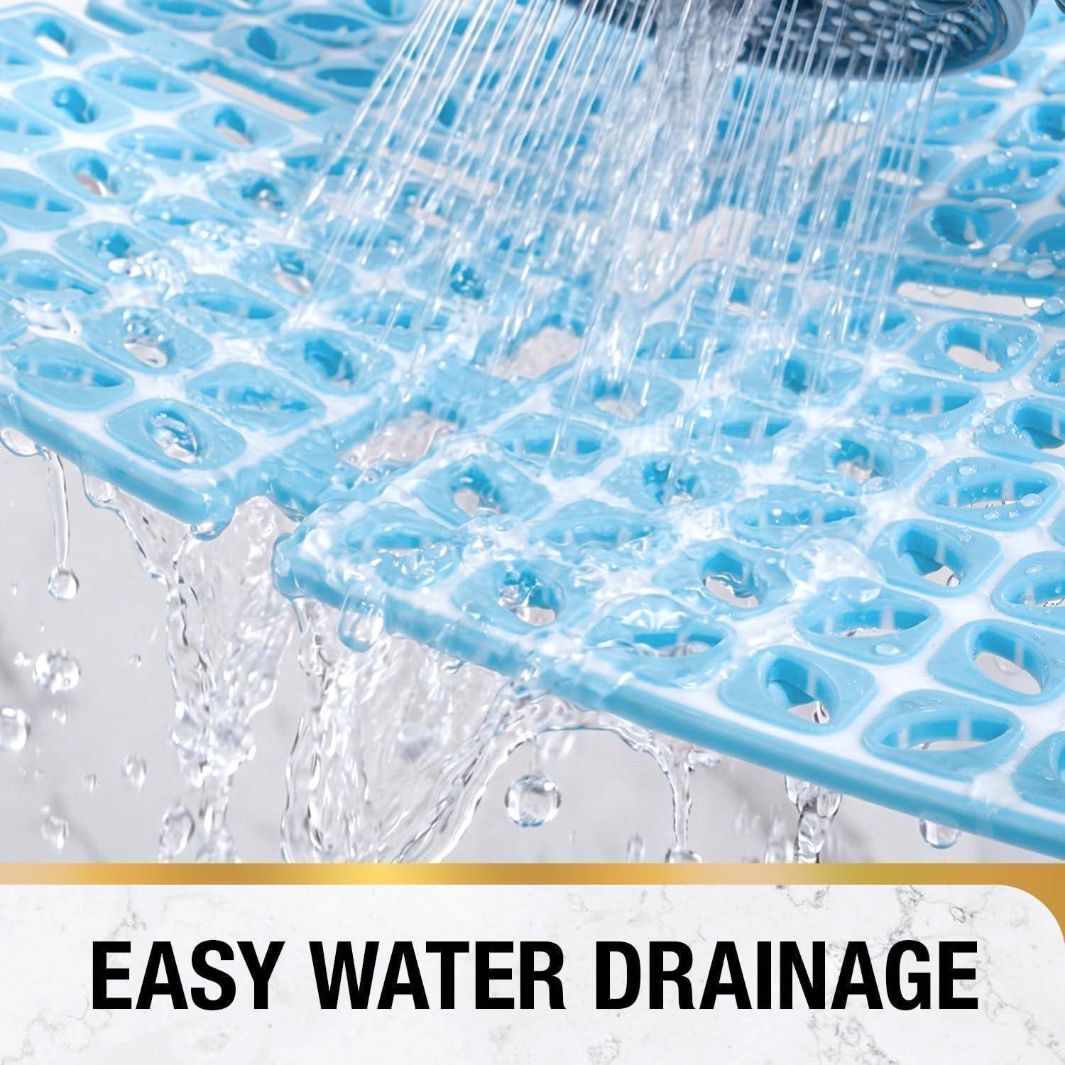 Blaue Kunststoffmatte entwässert Wasser leicht, da es durch Löcher fließt; der Text lautet „EINFACHE WASSERDRAINAGE