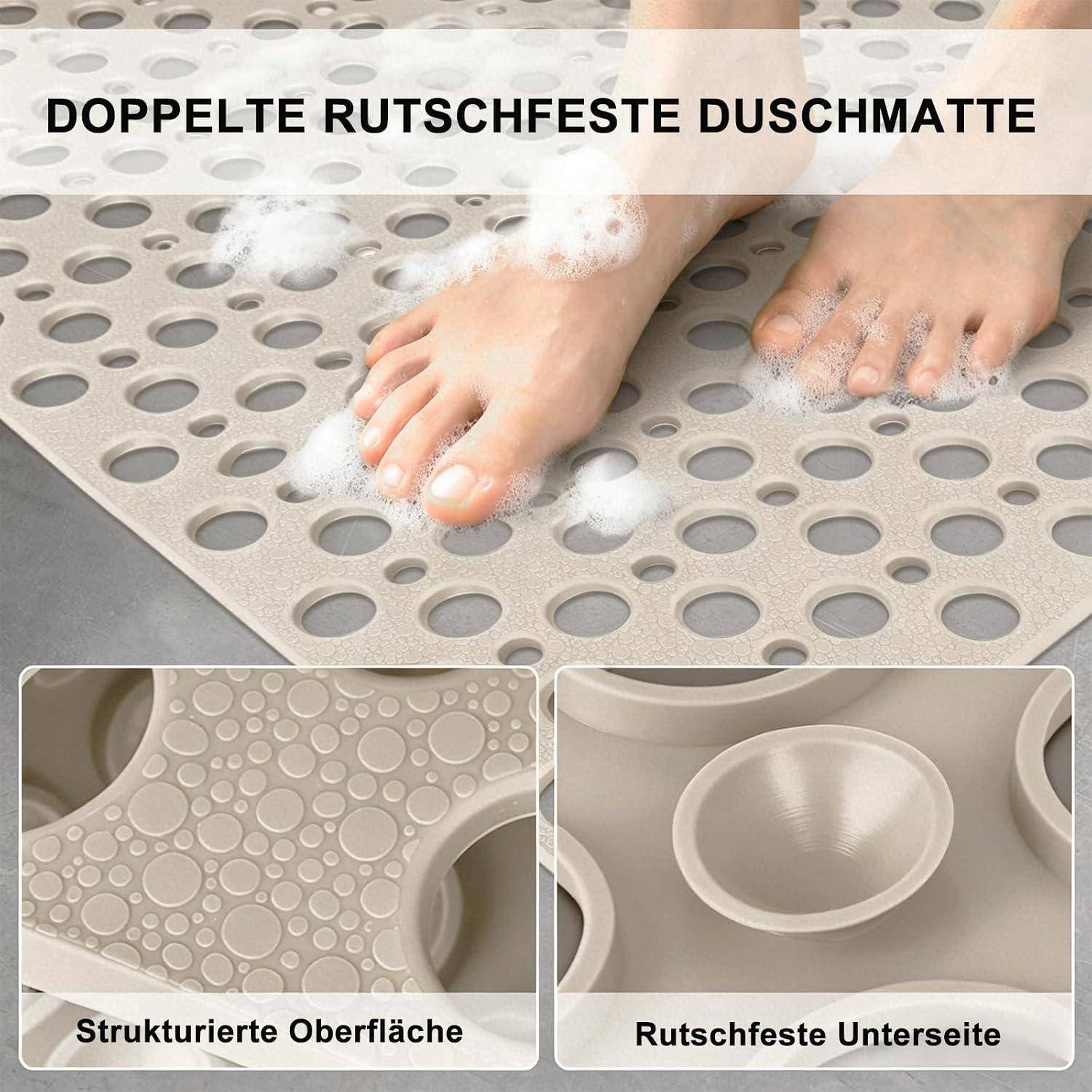 Werbebild einer doppelten rutschfesten Duschmatte, das Füße auf einer strukturierten Oberfläche zeigt, mit Beschriftungen „Strukturierte Oberfläche