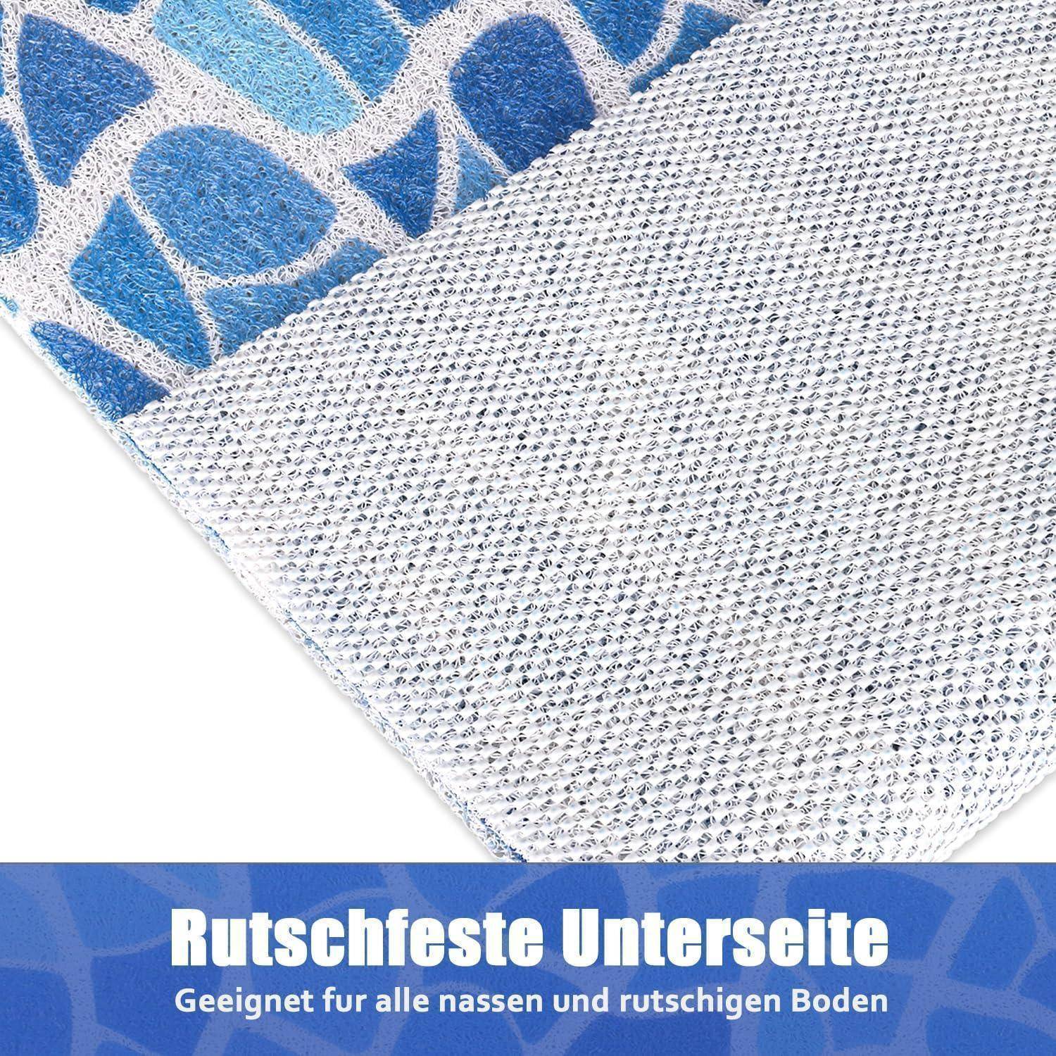 Nahaufnahme der strukturierten Unterseite einer Badematte mit deutschem Text: „Rutschfeste Unterseite