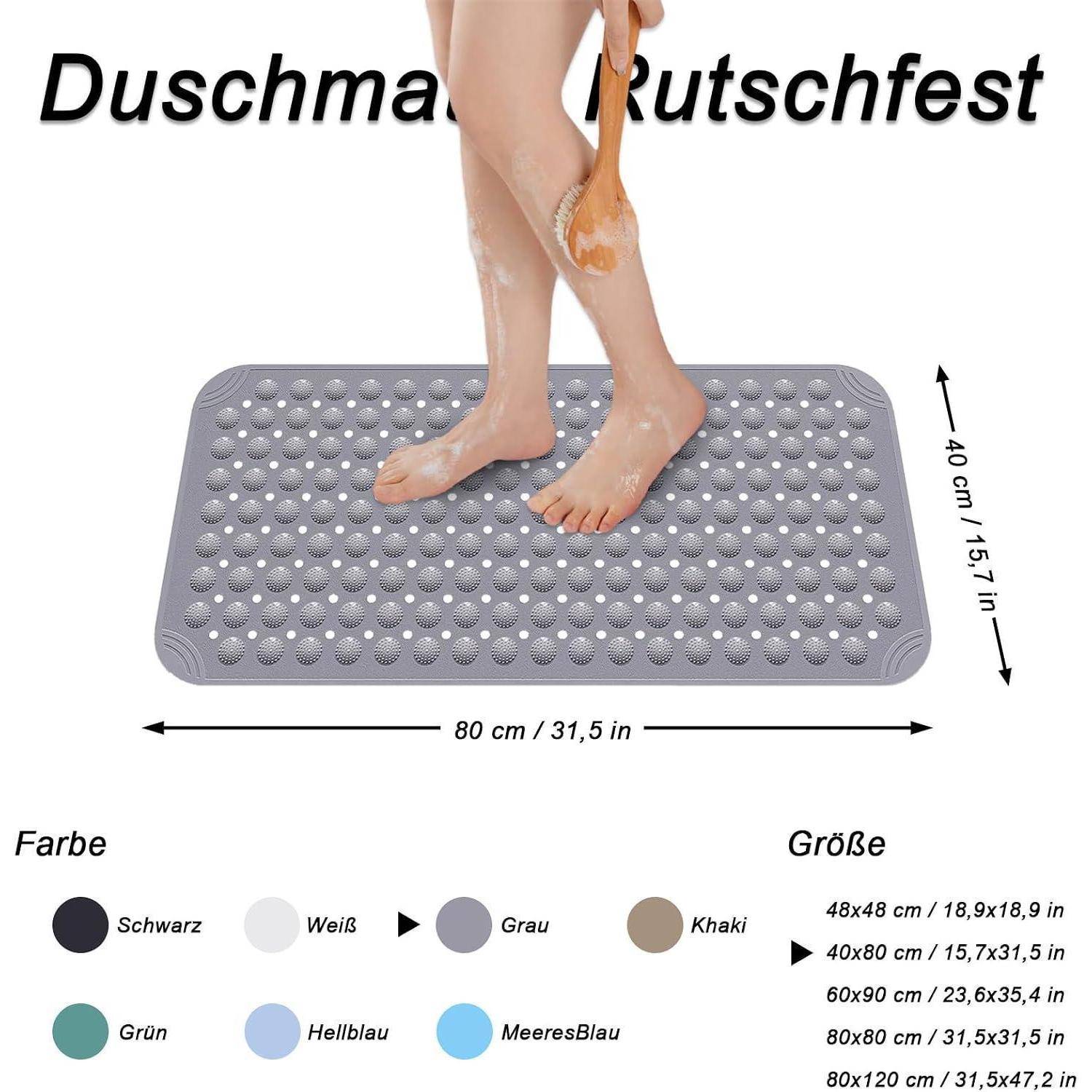 Produktbild einer rutschfesten Badewannenmatte mit Füßen darauf, die Größenoptionen und Farben zeigt, beschriftet auf Deutsch: 'Farbe' und 'Größe'.